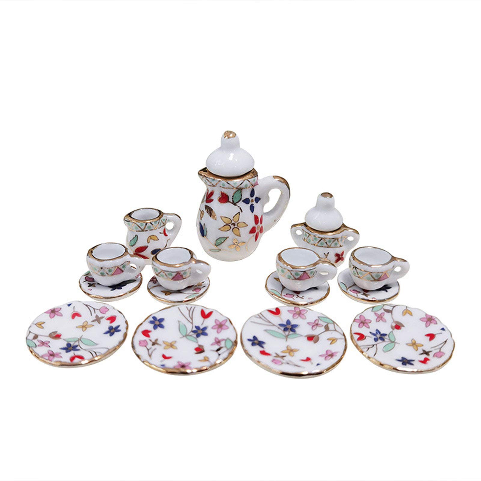 JIDOANCK 1/12 Scale Miniature Ceramic Tea Set with Floral Print - DIY Dollhouse Accessories, Mini Furniture for Dollhouse Decor, Perfect for Collectors and Model Scenes