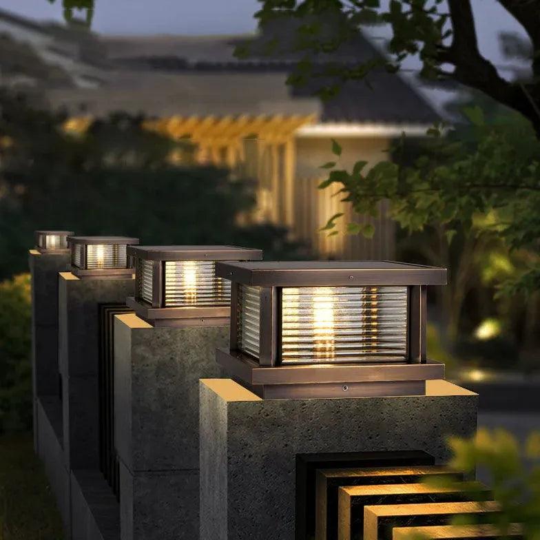 Ripple Glass Rectangular Solar Outdoor Pillar Lights - Waterproof LED Garden Lights for Pathways, Driveways, and Landscaping (Set of 2) - Perfect for Patio, Yard, and Backyard Decor