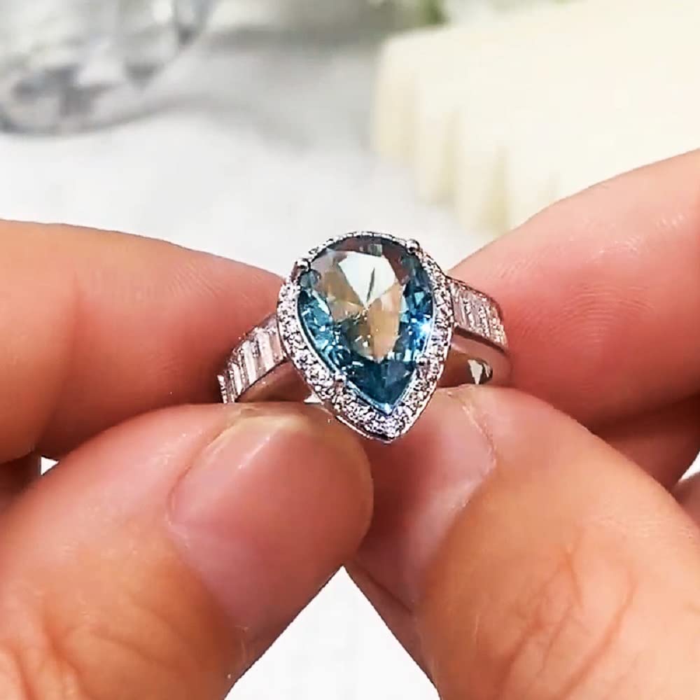 Elegant Waterdrop Pear Shape Cut Aquamarine Gemstone & Baguette CZ Zircon Promise Ring - Bridal Eternity Engagement Wedding Jewelry for Women - Perfect for Proposals, Anniversaries & Romantic Gifts