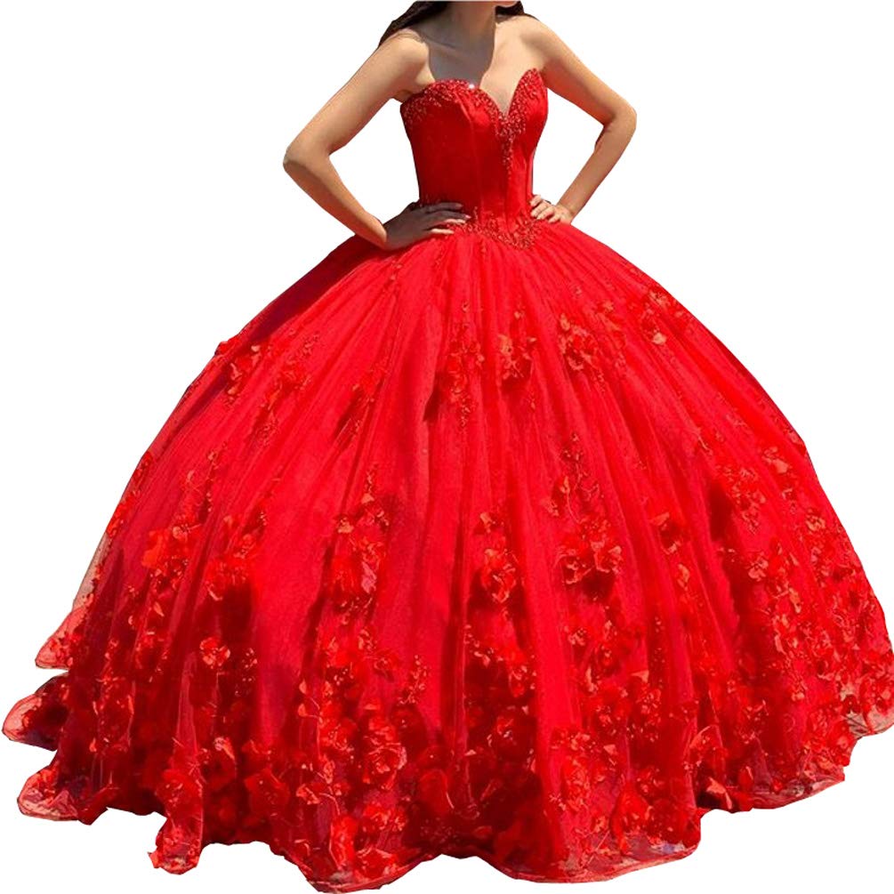 3D Floral Pearl Embellished Quinceanera Prom Dress - Sparkly Tulle Strapless Ball Gown for Sweet 15 Girls with Open Back Design | Perfect for Quinceañera Celebrations, Prom Nights & Formal Dances