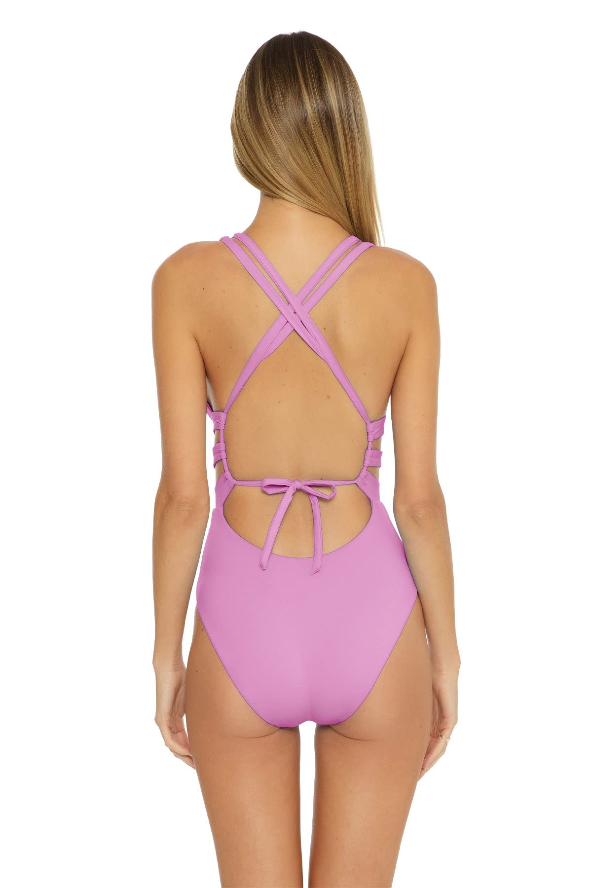 BECCA Color Code Elaine Split Strap One-Piece Swimsuit in Orchid - Sexy SM Size for Beach, Pool & Vacation
