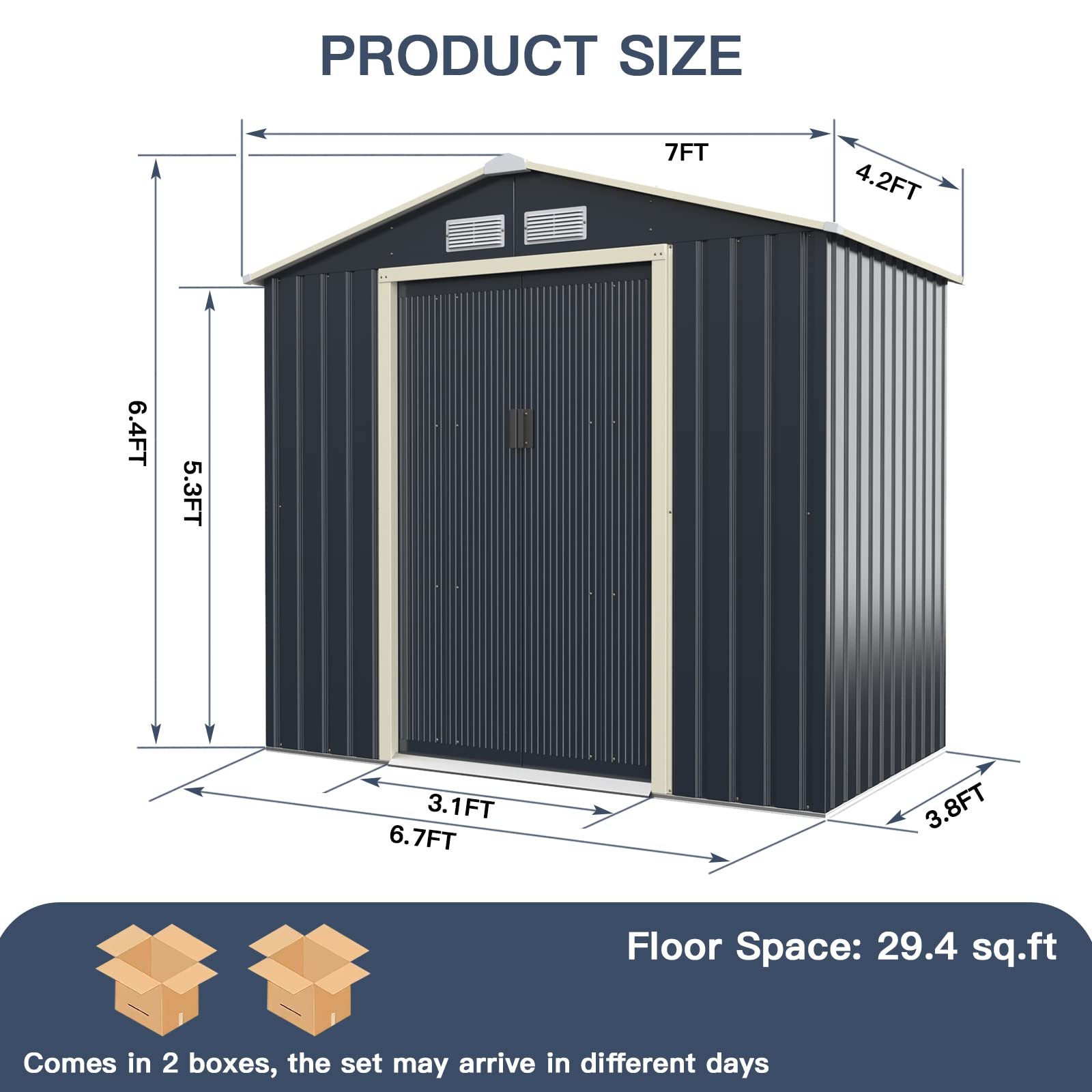 Giantex 7x4 FT Outdoor Storage Shed with Double Sliding Doors - Galvanized Metal Garden Storage Room with Front & Back Ventilation - Weatherproof Tool Shed for Backyard, Patio, Lawn & Garage Organization (Perfect for Storing Lawn Mowers, Gardening Tools & Seasonal Items)