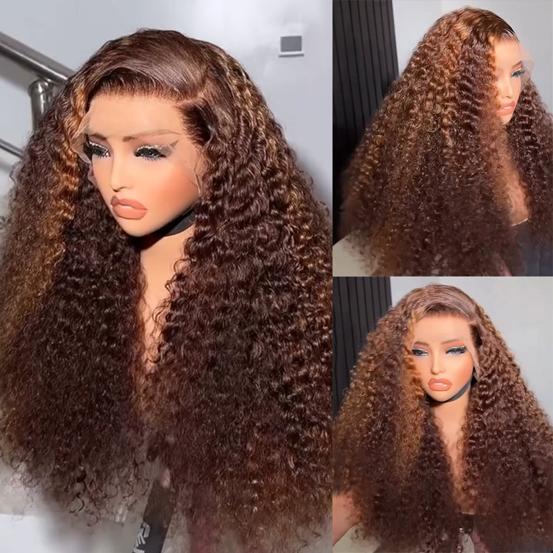 Eullair Brown with Honey Blonde Kinky Curly Human Hair Lace Frontal Wig - Glueless Lace Wigs for Women | Perfect for Daily Wear, Parties & Special Occasions