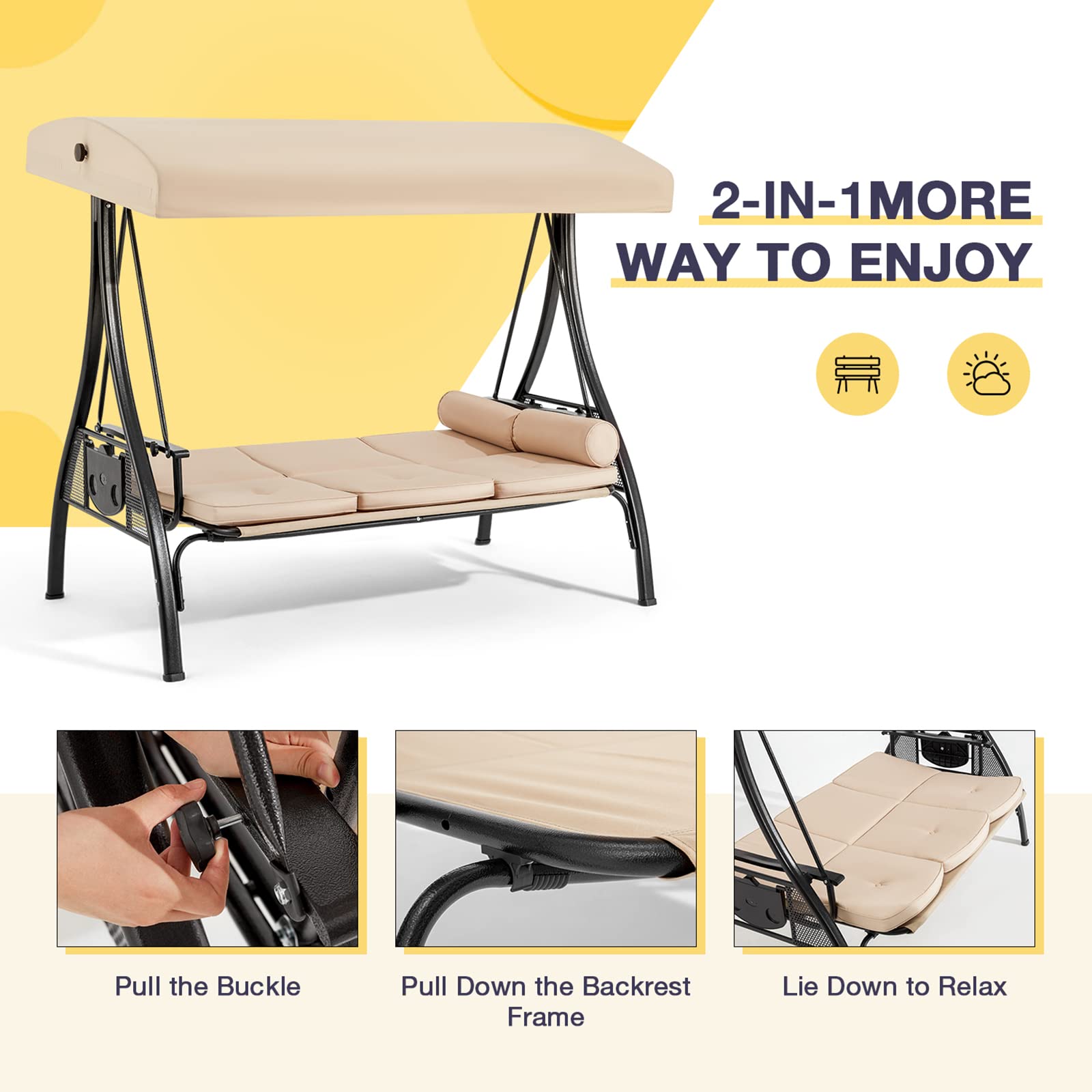 HOMREST 3-Person Outdoor Porch Swing with 1.5