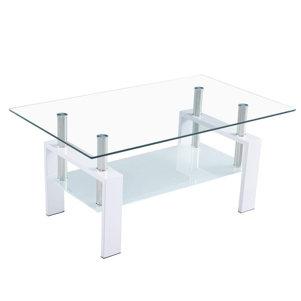 BNSPLY 2-Tier Rectangle Glass Coffee Table with Lower Shelf - Modern Transparent/White Living Room Furniture for Small Spaces, Home Decor, and Entertaining Guests