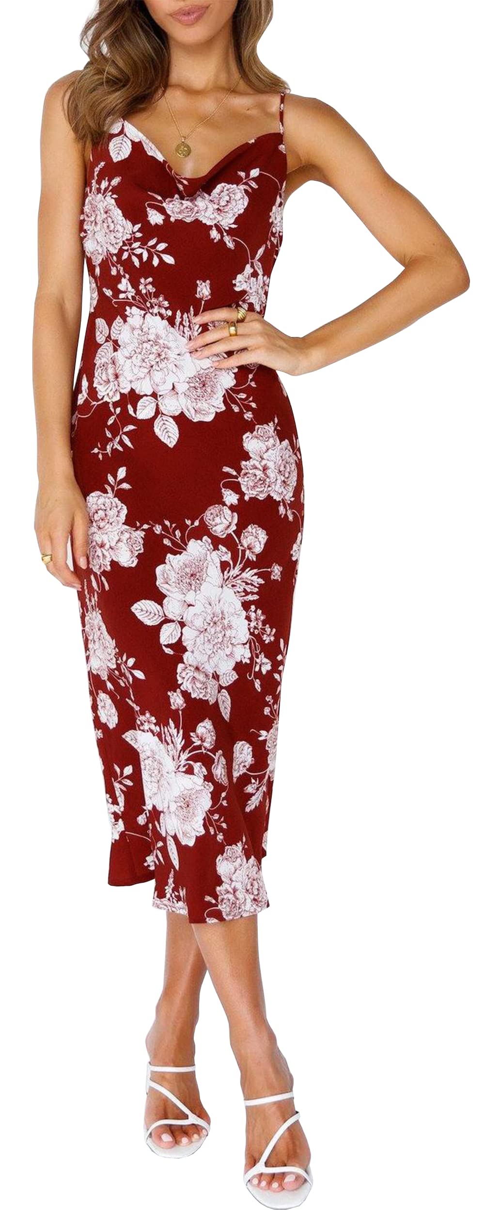 Elegant Sleeveless Spaghetti Strap Satin Cocktail Dress for Women - Backless Cowl Neck Midi Formal Gown for Wedding Guest, Evening Party & Special Occasions