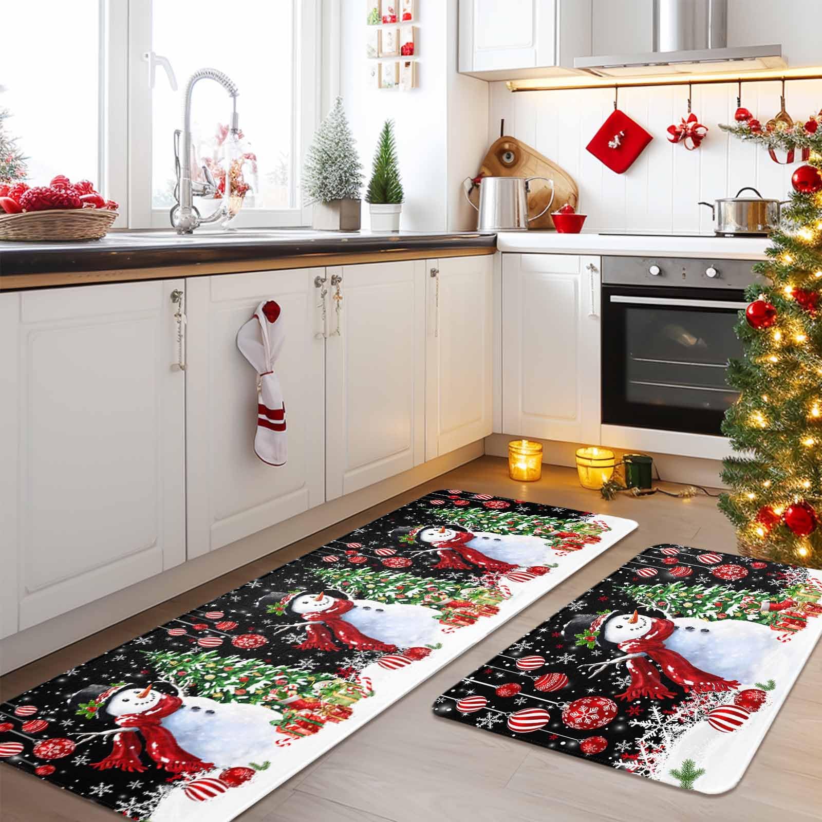 Christmas Snowman Red Balls Kitchen Mat Set of 2 - Cushioned Anti-Fatigue Floor Mats, Waterproof Non-Slip Kitchen Rugs with Black Snowflake Xmas Tree Design - Perfect for Kitchen, Laundry Room & Holiday Decor