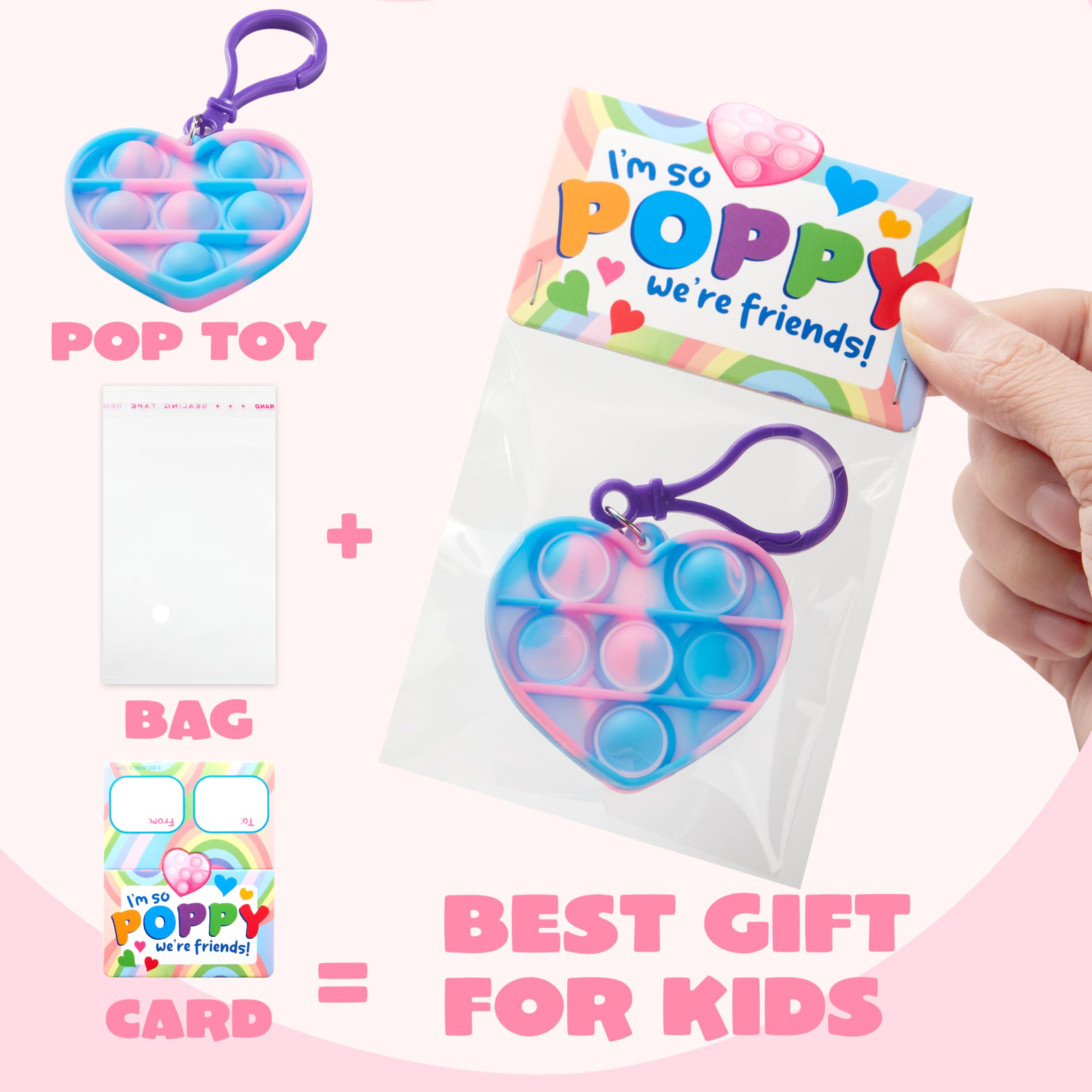 JOYIN 30 Pack Heart Pop Bubble Keychain Gift Cards with Mini Pop Squeeze Toys - Stress Relief Fidget Toys for Kids, Party Favors, Classroom Exchange & Game Prizes - Perfect for Birthday Gifts, School Rewards and Anxiety Relief