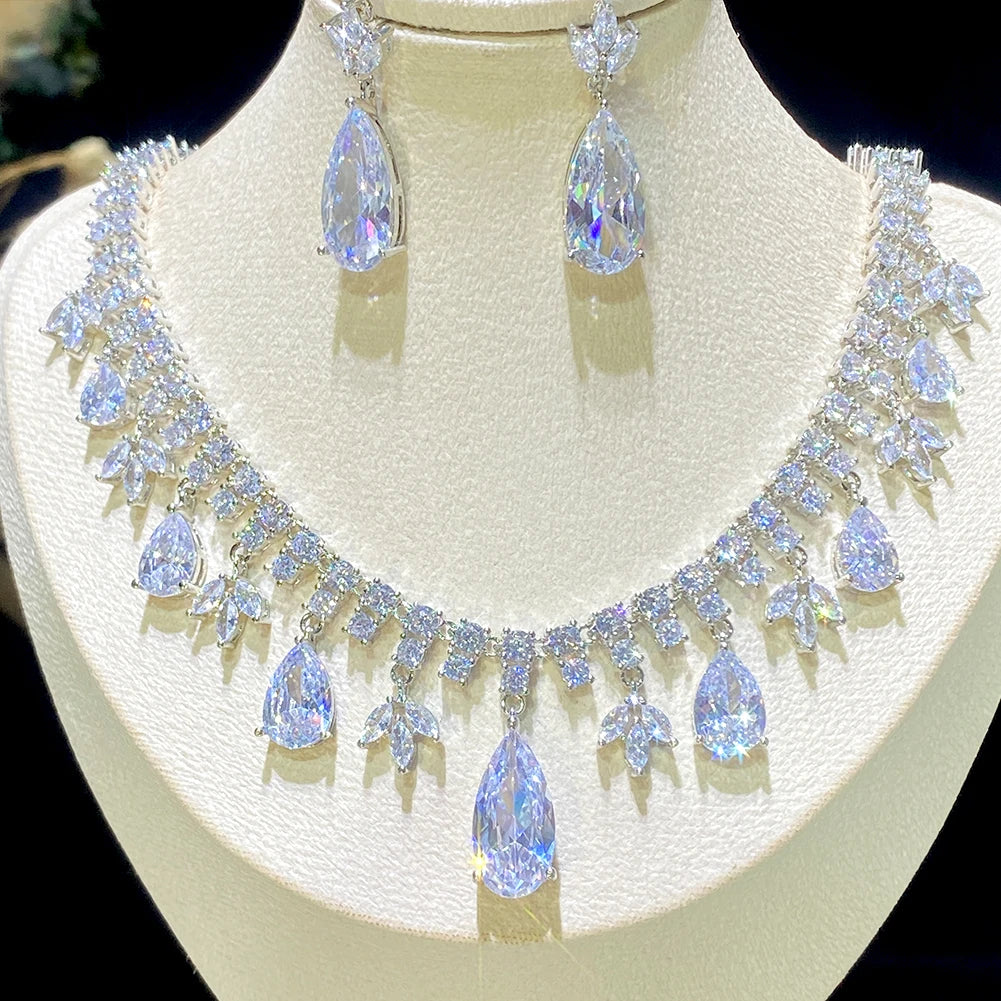 Elegant Droplet Cubic Zirconia Tassel Bridal Jewelry Set - Necklace & Earrings for Wedding, Prom, Evening Gala & Special Occasions | Perfect Gift for Bride, Bridesmaids & Formal Events