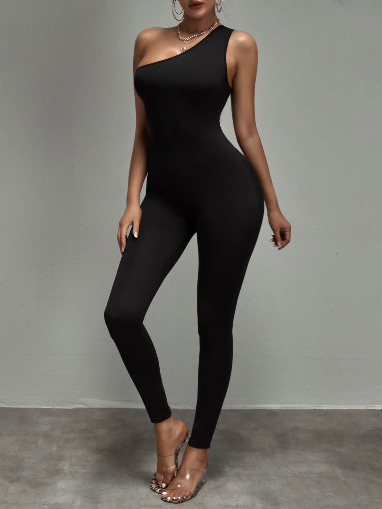 WDIRARA Women's One Shoulder Sleeveless High Waist Jumpsuit - Elegant Bodycon Romper with Pants for Night Out, Party & Special Occasions