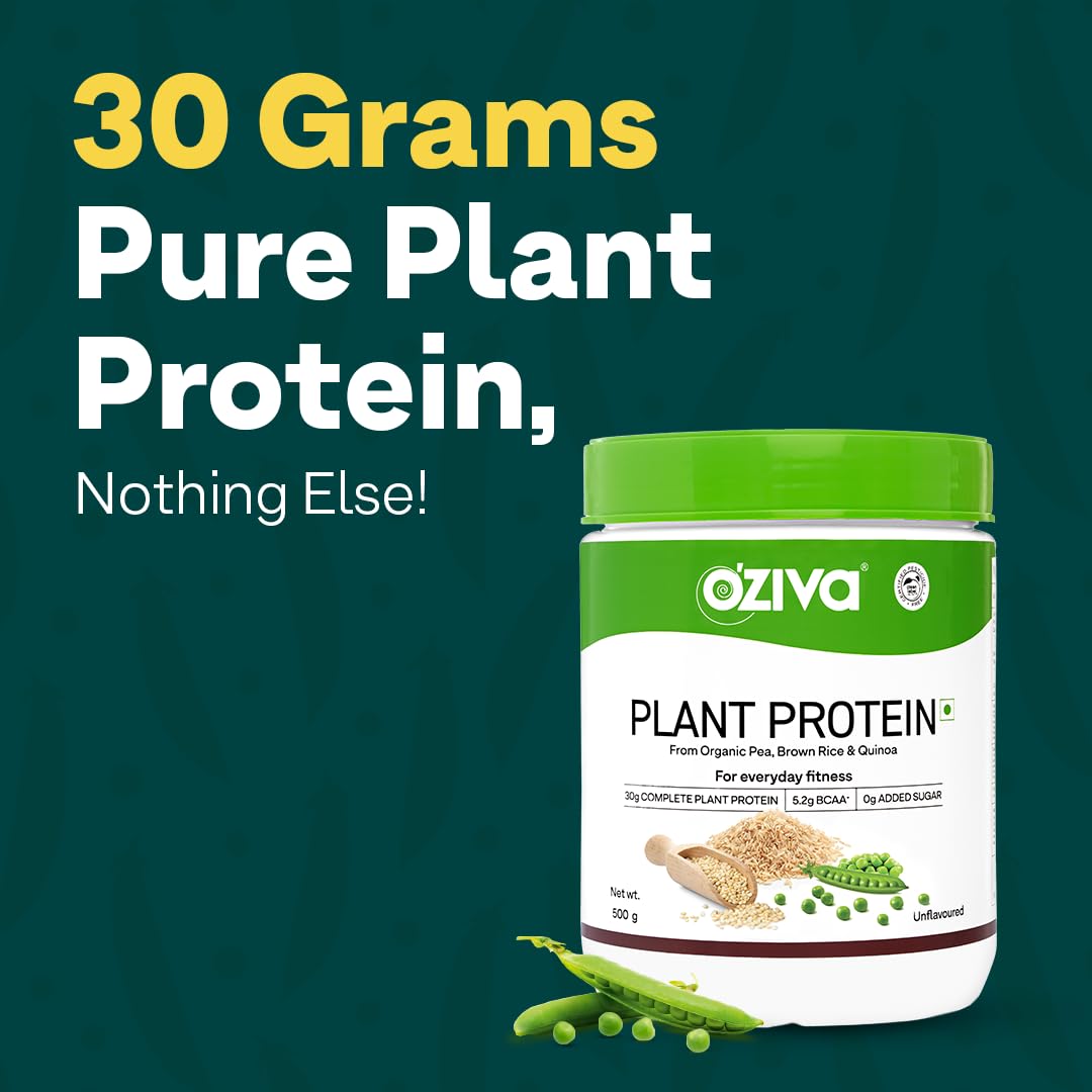 OZiva Organic Plant Protein Powder for Fitness & Muscle Recovery | 30g Pea Protein Isolate | Vegan, Sugar-Free, Clean Certified Protein Supplement | Unflavored 500g | Perfect for Post-Workout Shakes & Smoothies