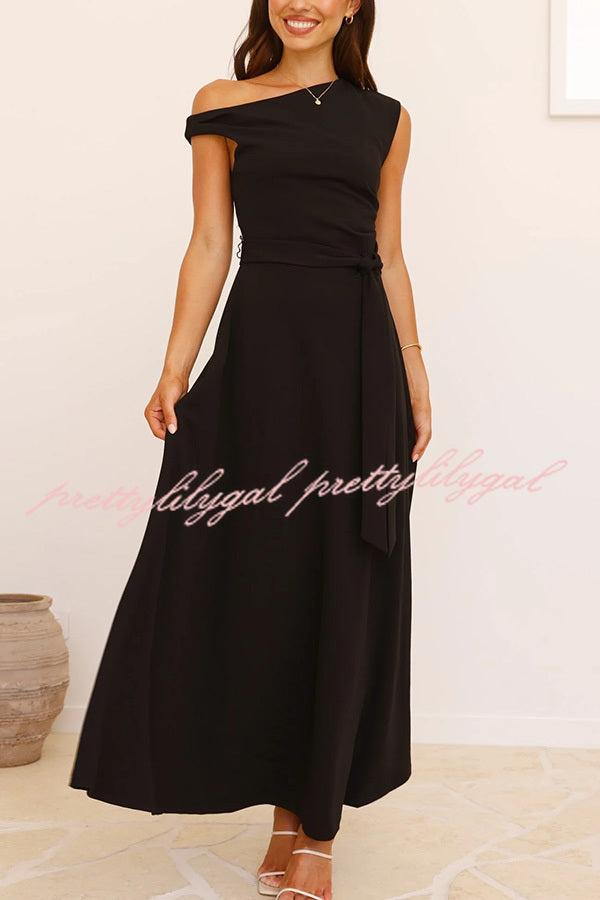Elegant Solid Color Sloped Collar Slim Fit Waist Lace Up Maxi Dress for Women | Formal & Casual Occasions | Perfect for Weddings, Parties & Date Nights