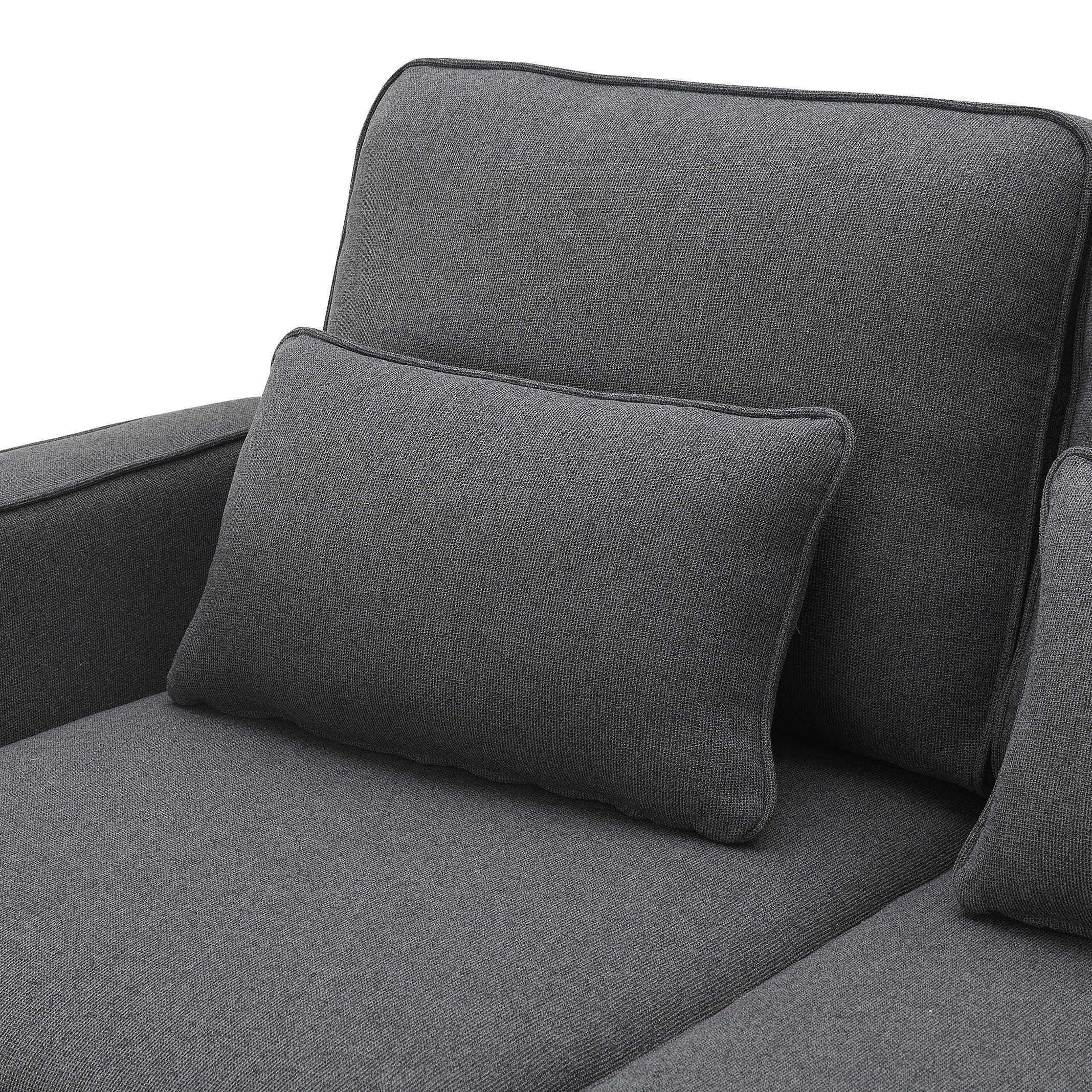 Modern 4-Seater Linen Fabric Sofa with Armrest Pockets & 4 Throw Pillows - Minimalist Living Room Couch for Small Spaces, Apartments and Cozy Home Decor