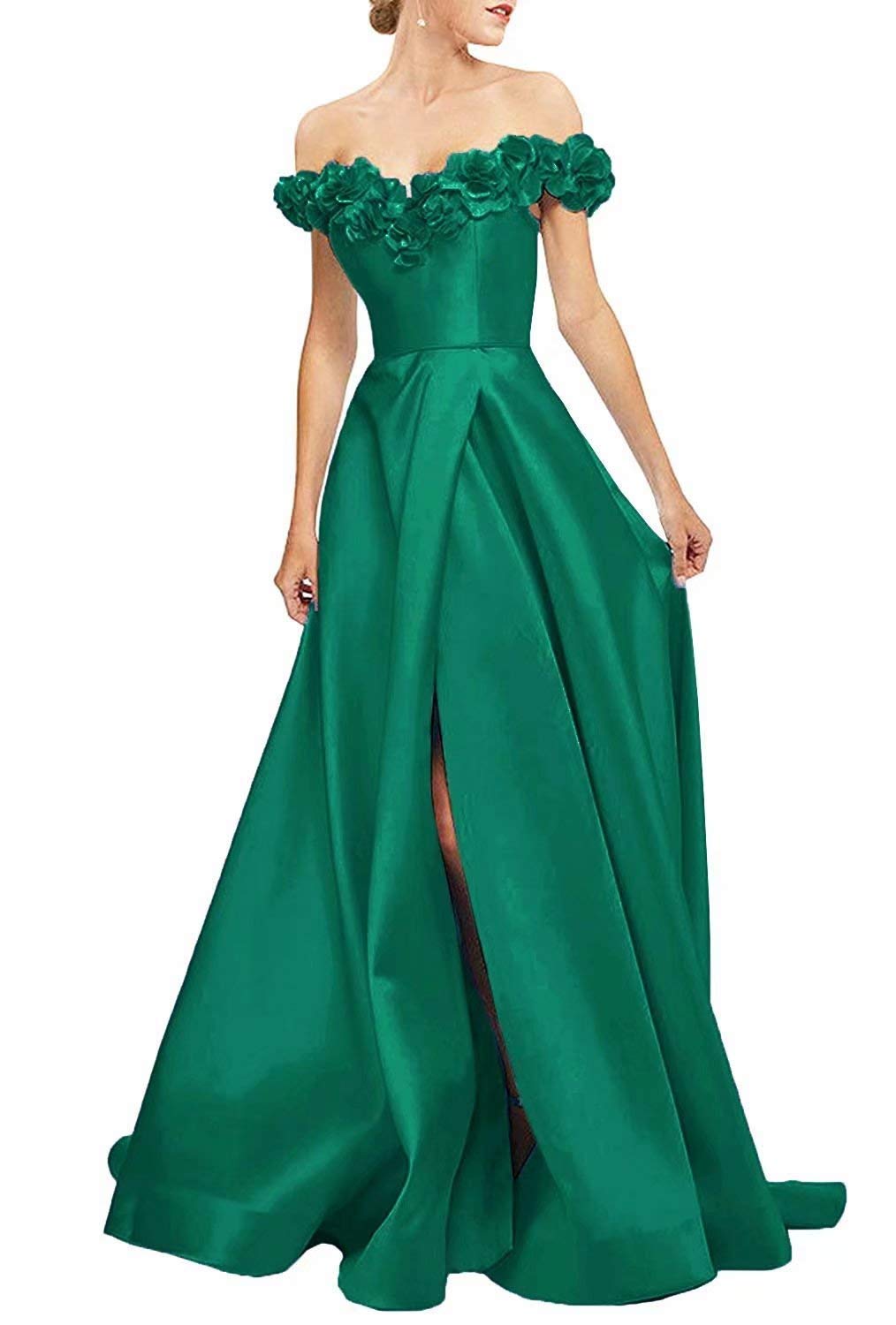 Elegant Green Floral Off-the-Shoulder A-Line Satin Prom Dress - Long Formal Evening Gown with Side Slit for Homecoming, Wedding Guest & Special Occasions