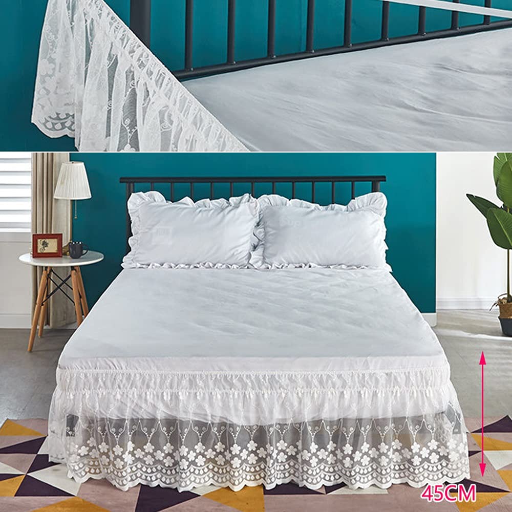 Elegant Tulle Lace Trimmed Elastic Pleated Bed Skirt with Ruffles - Dust & Wrinkle Resistant, Easy Fit Wrap Around Design for Twin/Full/Queen/King Size Beds | Perfect for Master Bedrooms, Guest Rooms & Hotel Decor