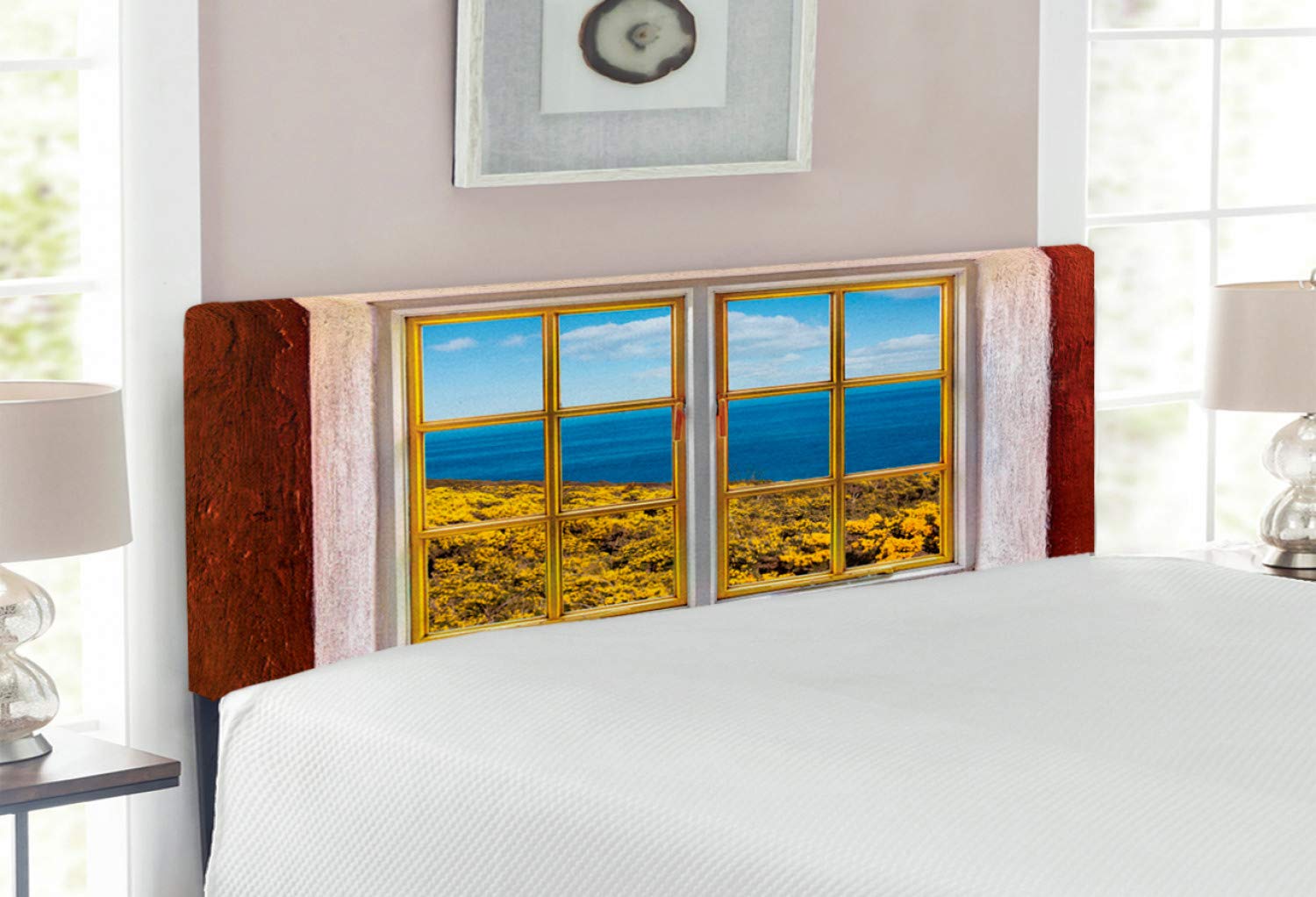 Ambesonne Tropical Beach Scenic Upholstered Headboard - Full Size Cream Blue White Memory Foam Bed Headboard for Coastal Bedroom Decor | Perfect for Beach House, Vacation Rental & Relaxing Bedroom Retreat