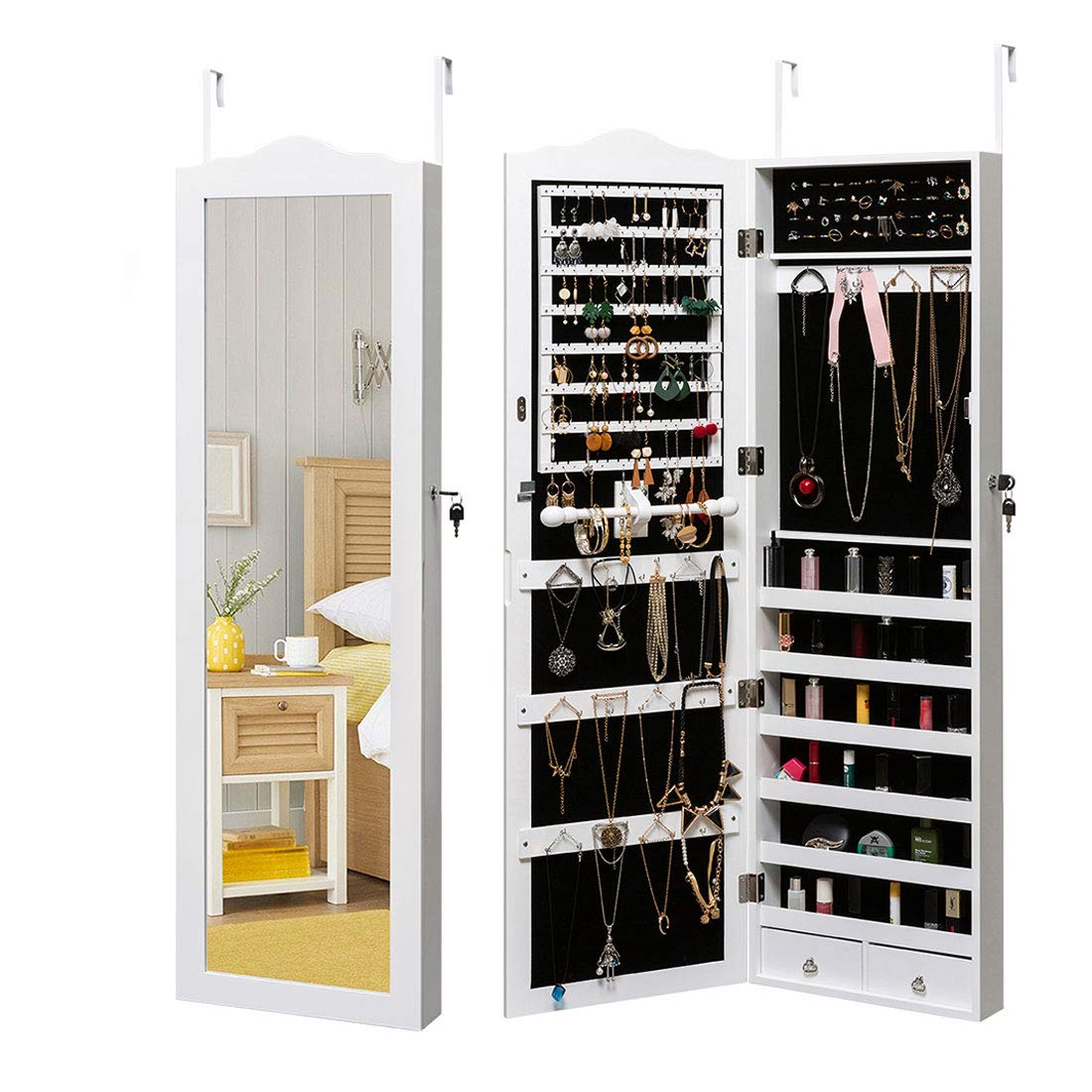 Lockable Wall Mount Jewelry Cabinet with Full Length Mirror & 2 Drawers - White Hanging Jewelry Armoire Organizer for Bedroom, Closet & Dressing Room