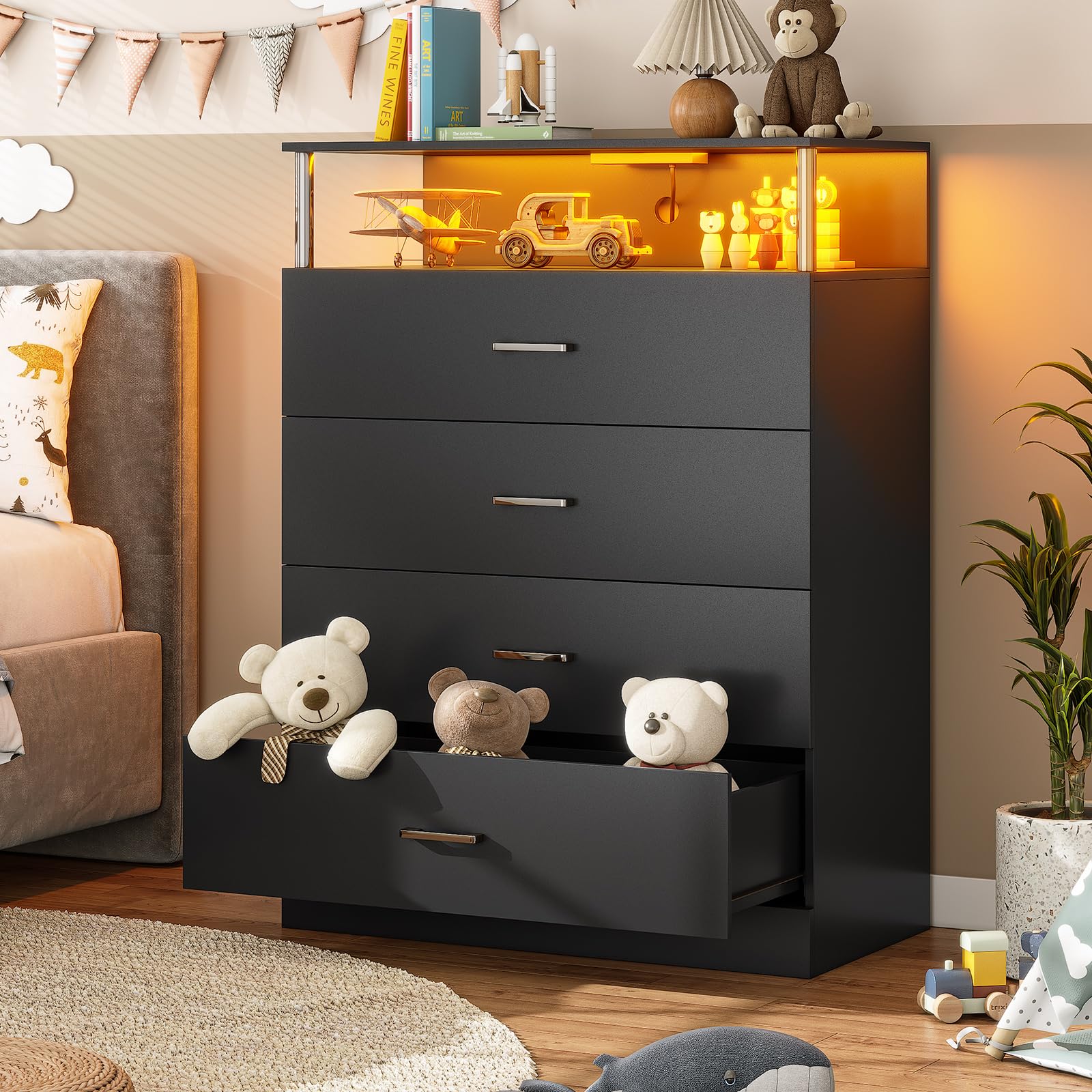 Modern 4-Drawer Tall Black Dresser with Charging Station & Column Design - LED Bedroom Dresser for Closet Organization | Perfect for Small Spaces, Guest Rooms & Master Bedroom Storage