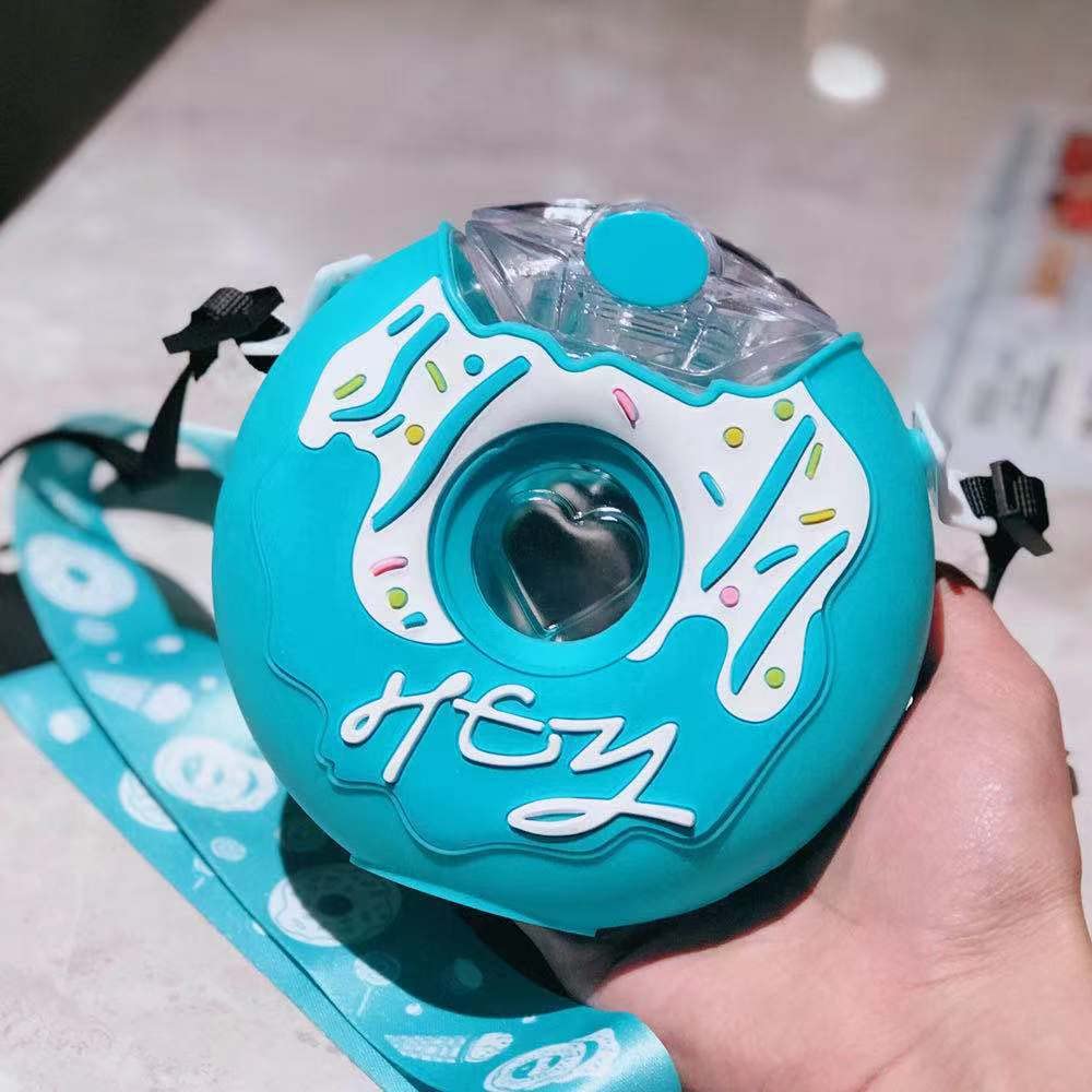 Kawaii Donut Water Bottle with Straw for Kids & Girls - Cute Portable BPA-Free Leak Proof Water Cup with Strap - Perfect for School, Travel, Sports & Outdoor Activities (Blue)