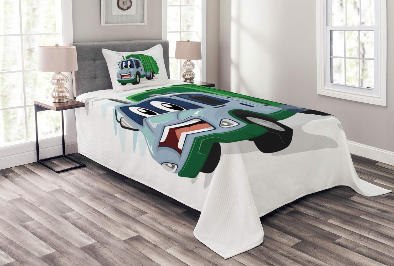 Ambesonne Garbage Truck Bedspread Set - Funny Cartoon Trash Truck Design with Smile, Twin Size 2-Piece Quilt Coverlet & Pillow Sham, Multicolor | Kids Room Decor, Themed Bedding for Truck Lovers