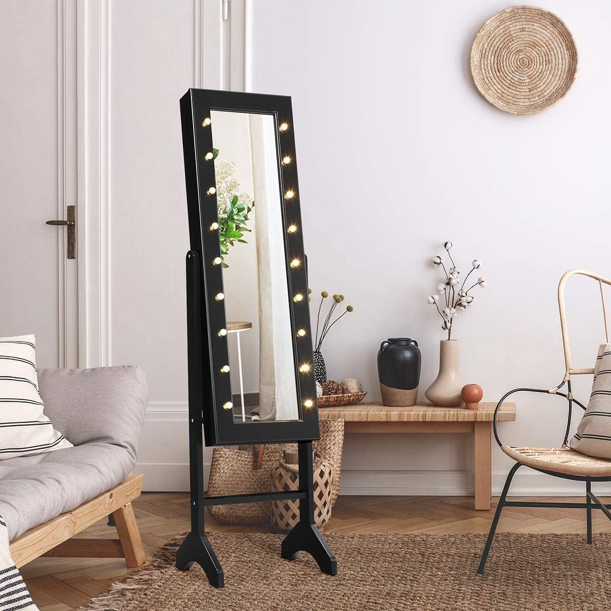 **LDAILY Standing Jewelry Armoire with 18 LED Lights - Mirrored Jewelry Cabinet Organizer for Necklaces, Earrings & Accessories - Full-Length Mirror with Large Storage for Women & Girls (Black) - Perfect for Bedroom, Closet & Dressing Room**