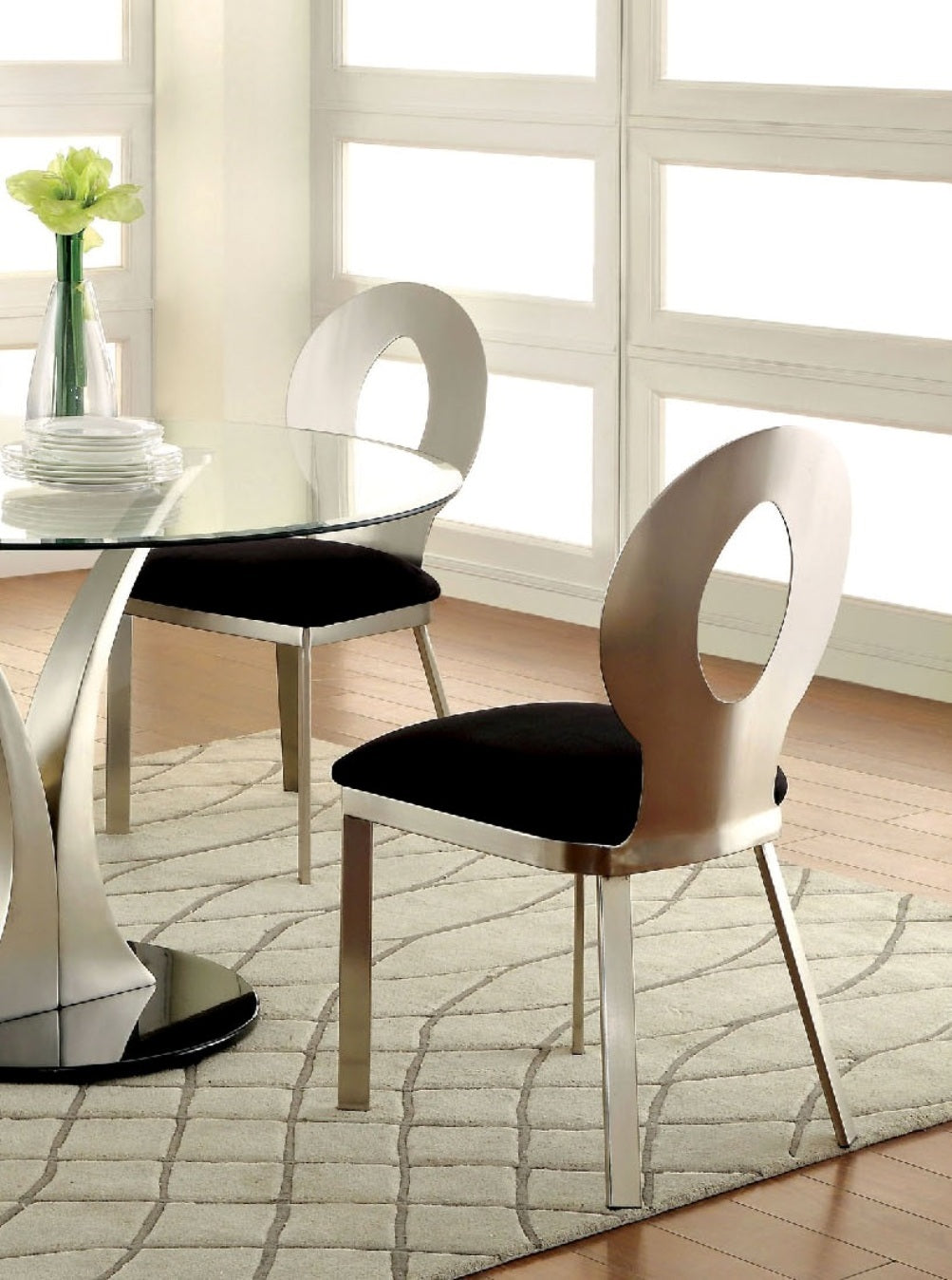 Modern Silver Metal Frame 2-Piece Dining Chair Set with Black Microfiber Upholstery - Oval Back Design with Satin Plated Powder Coating | Perfect for Kitchen, Dining Room, Breakfast Nook or Small Space Decor