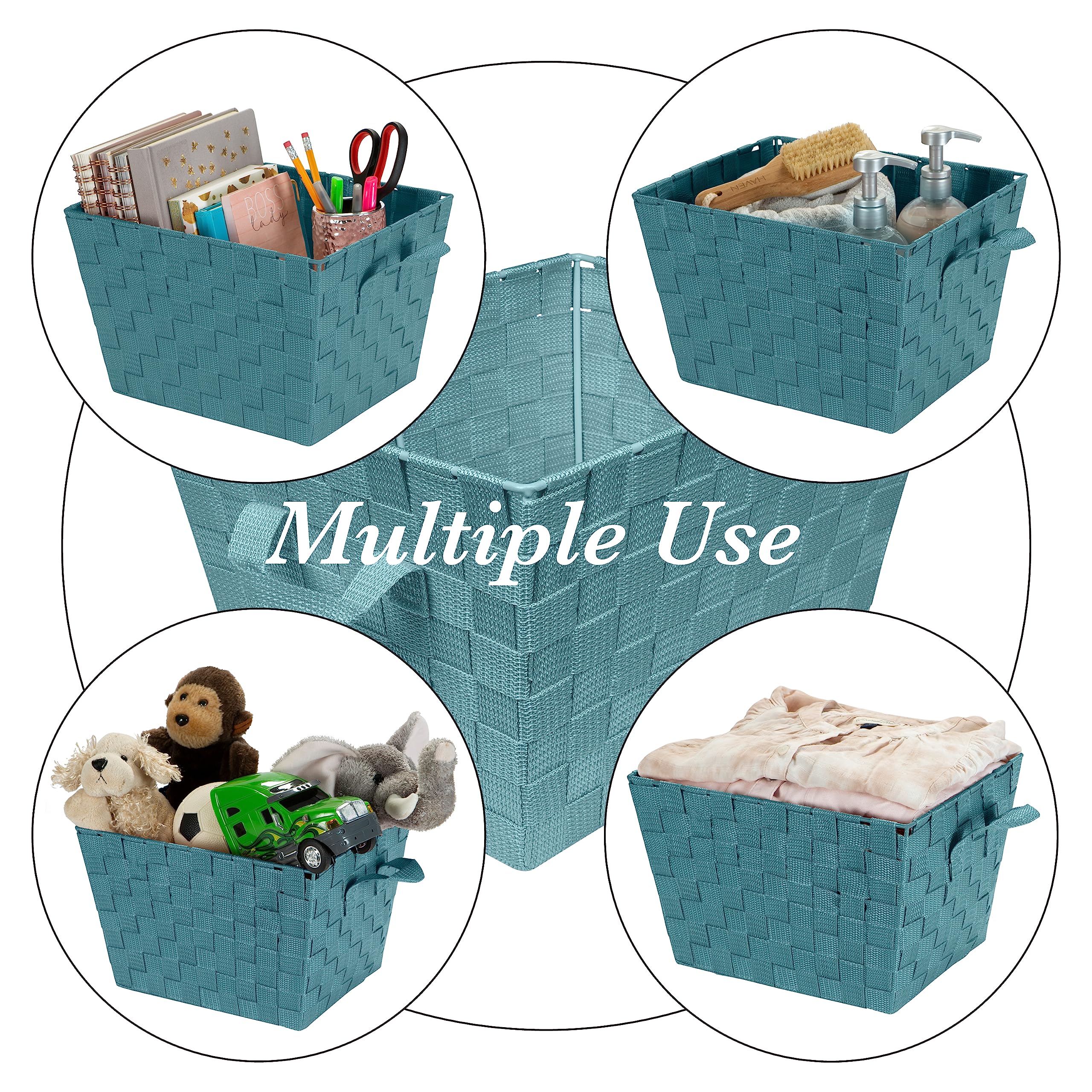 Simplify Medium Woven Strap Tote Baskets - 4 Pack Decorative Storage Organizer with Handles for Closet, Bedroom, Bathroom & Nursery - Perfect for Toys, Accessories & Gifts (Sapphire Blue)