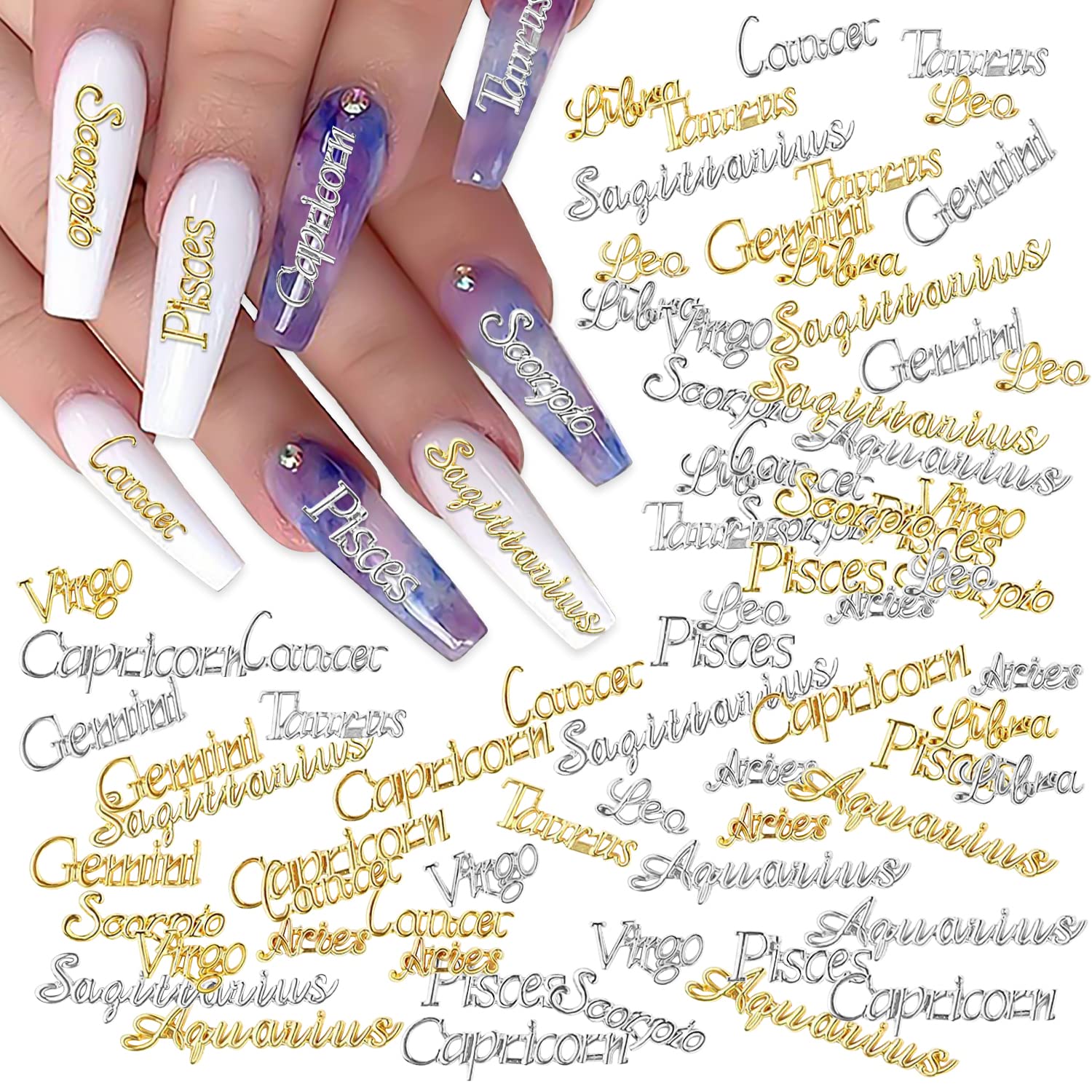 72-Piece Alloy Zodiac Constellation Nail Charms - Gold & Silver Zodiac Sign Nail Studs for Women & Girls | Perfect for Nail Art, DIY Manicures, and Gift Giving