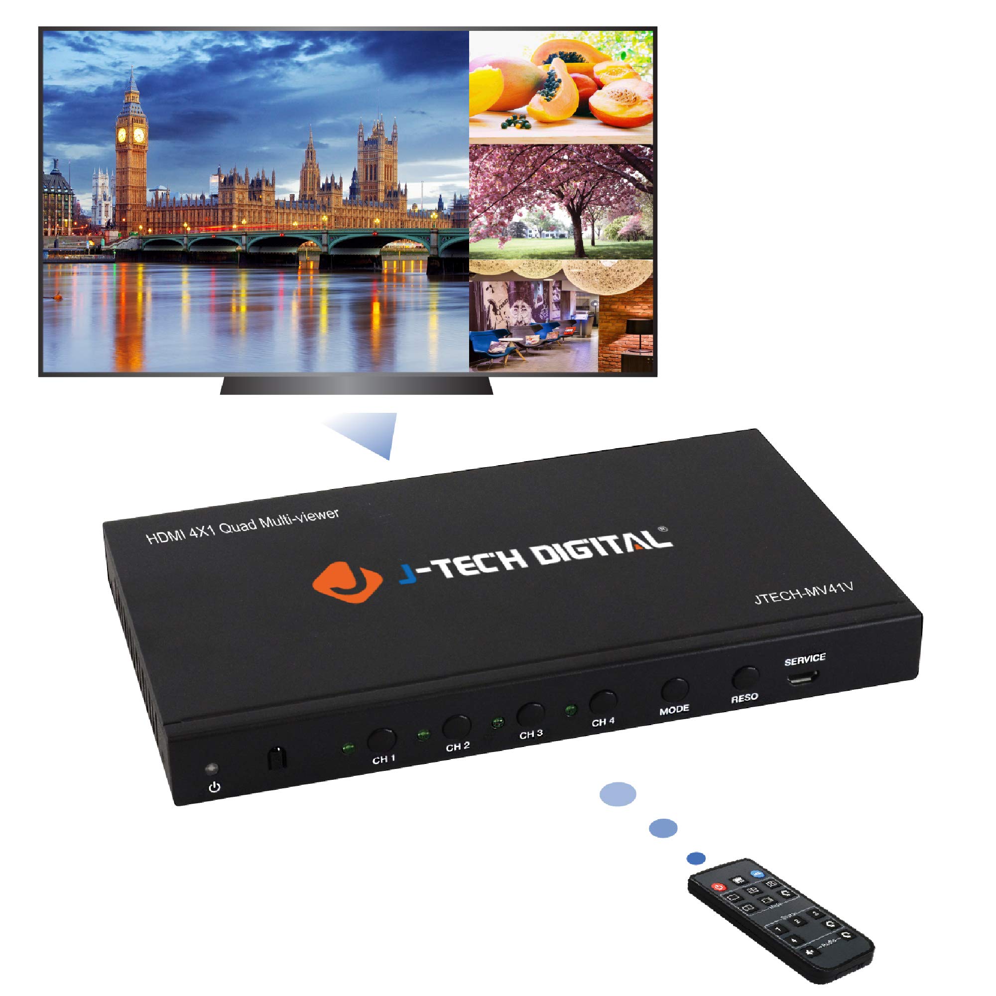 J-Tech Digital HDMI 4x1 Multi-Viewer Quad Splitter - 1080p Seamless Switch with 5 Display Modes & VGA Loop Out [JTECH-MV41V] - Perfect for Home Theater, Gaming, and Conference Room Setups