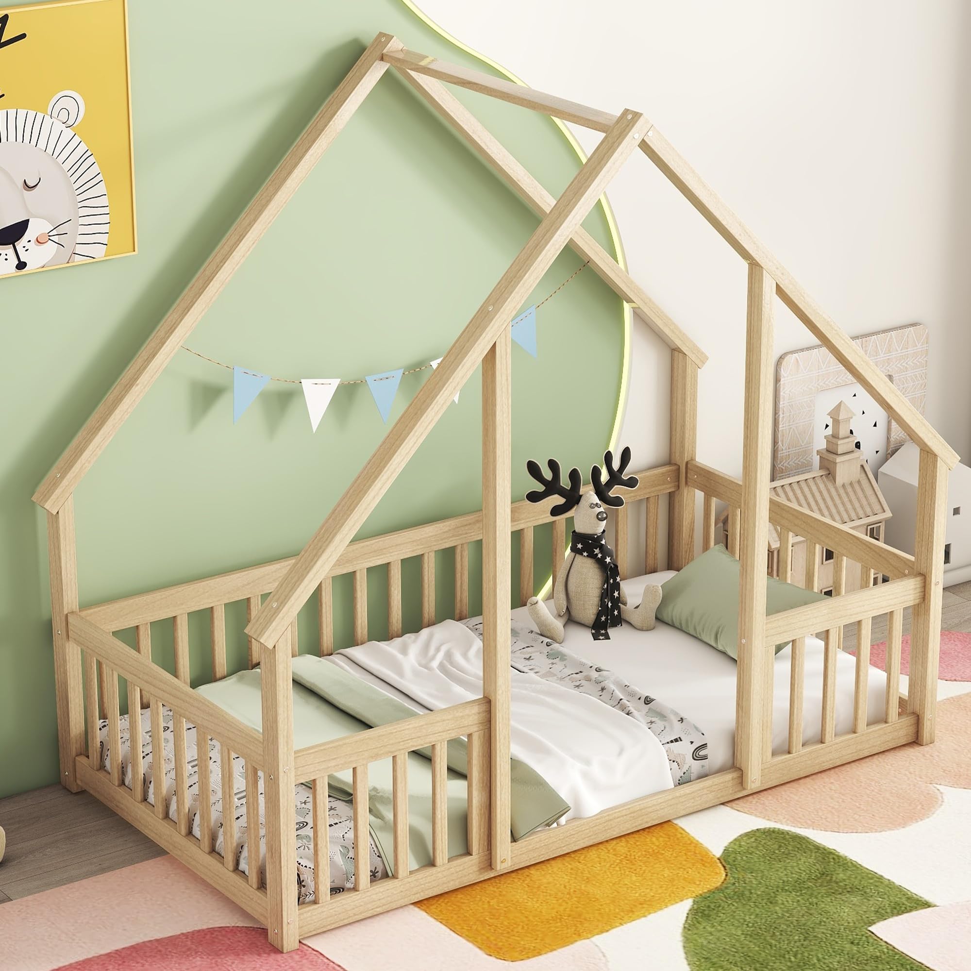 Bellemave Twin Size Wooden House Floor Bed Frame for Kids - Montessori Style with Safety Fence & Playhouse Design - Perfect for Boys & Girls Bedroom, Playroom or Montessori Classroom