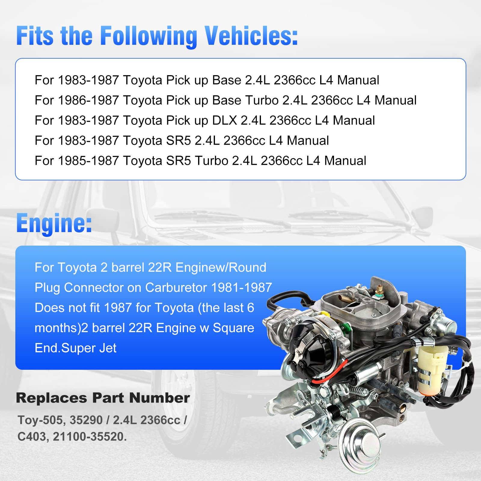 Partol 22R Carburetor Replacement for 1981-1987 Toyota Pickup 2.4L 2366cc - Compatible with TOY-505 TOY-507 Models - Automatic Choke Carburetor (35290/C4036) - Perfect for Engine Restoration & Classic Truck Maintenance