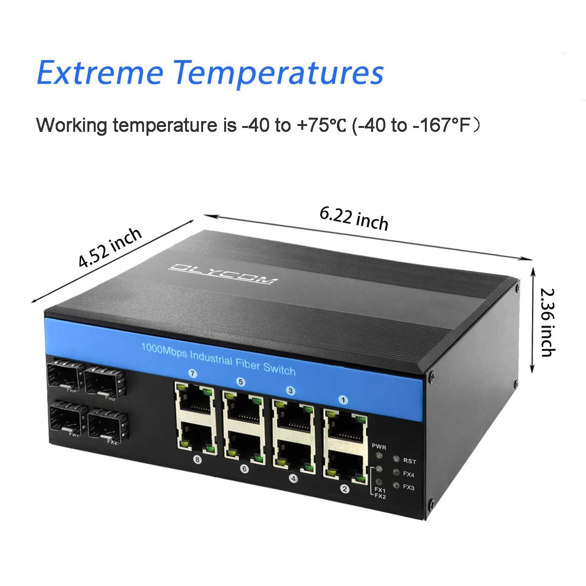12-Port Industrial Gigabit Ethernet Switch with 8 PoE+ Ports & 4 SFP Slots | 240W DIN Rail Mount | IP40 Rated | Outdoor & Harsh Environment Use for Factory, Warehouse & Smart Building Applications