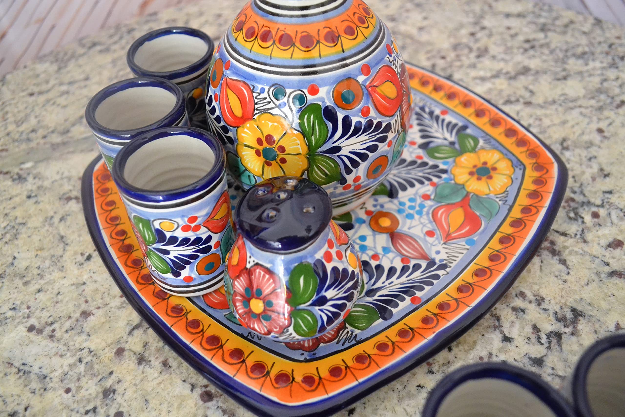 Premium Talavera Tequila Set with Hand-Painted Decanter & 4 Shot Glasses - Authentic Mexican Ceramic Barware for Parties, Gifts & Home Decor (Style CM116)