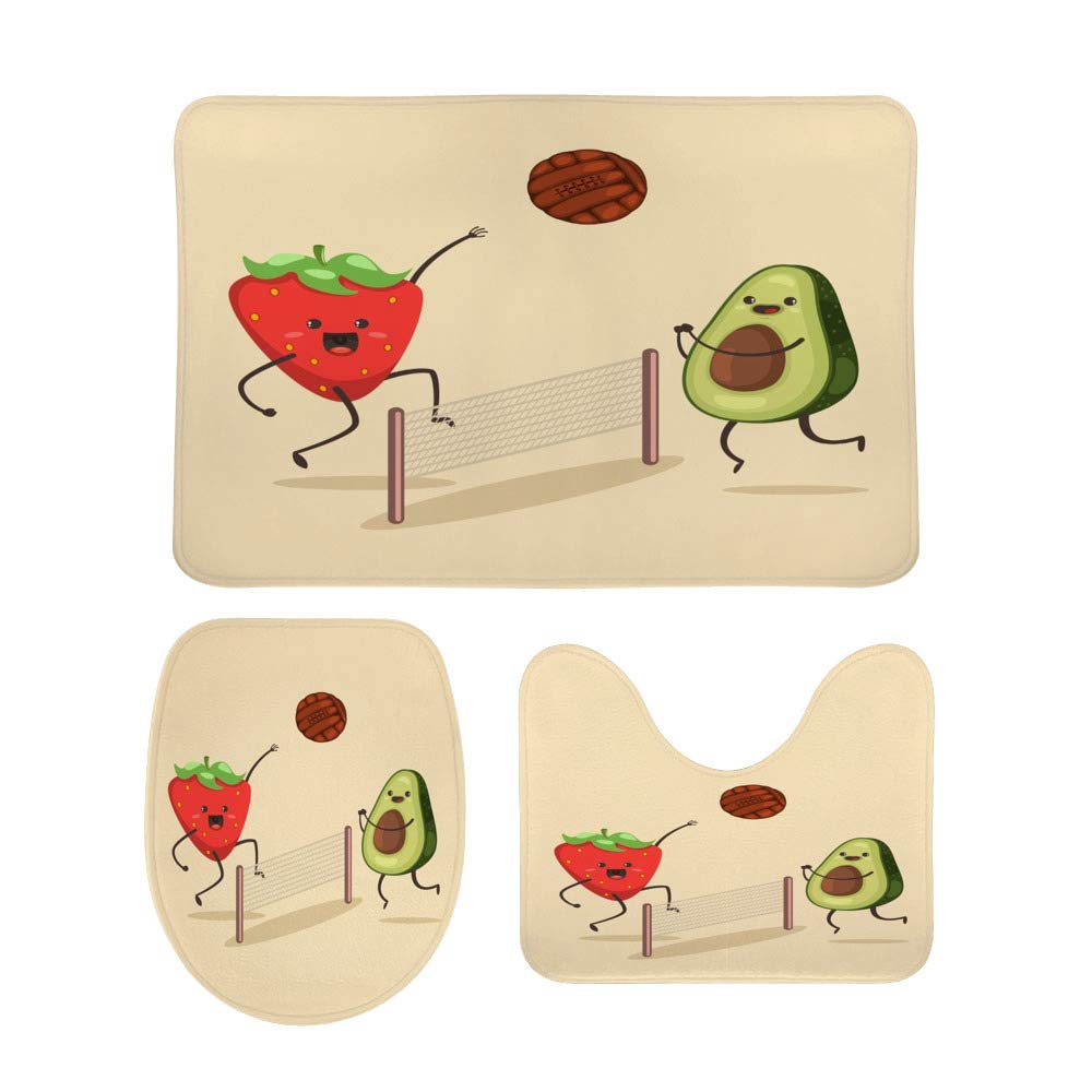 Non-Slip 3-Piece Bathroom Rug Set - Soft Coral Fleece Contour Toilet Mat, Shower Mat & Lid Cover (Avocado, Strawberry, Volleyball Designs) for Cozy Bathroom Decor & Safety