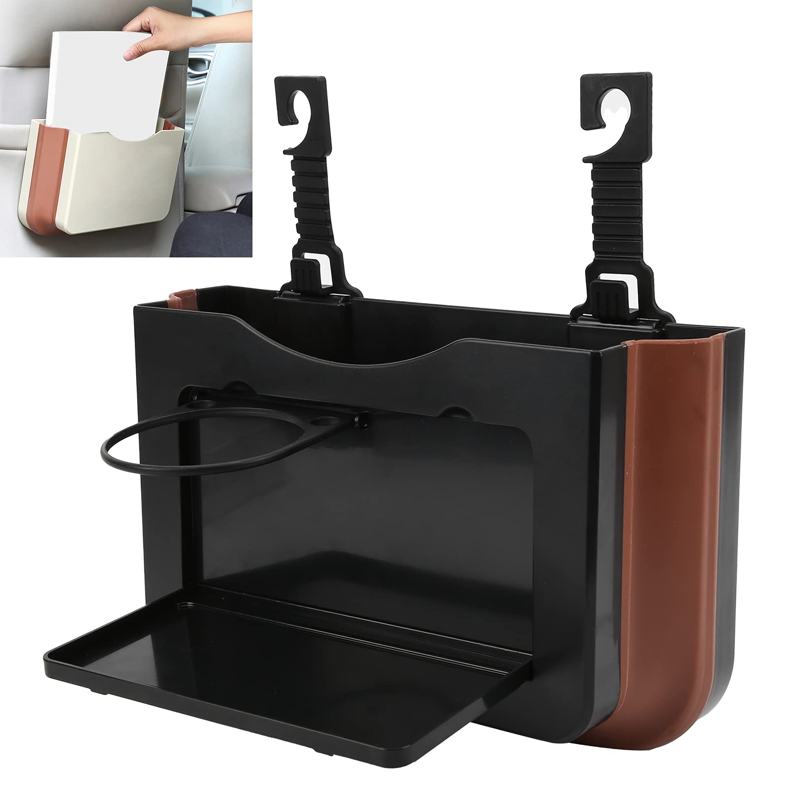 Universal Foldable Car Seat Back Organizer - Hanging Storage Box for Drinks, Phone & Documents | Black-Brown Car Interior Accessory | Perfect for Road Trips, Commuting & Family Travel