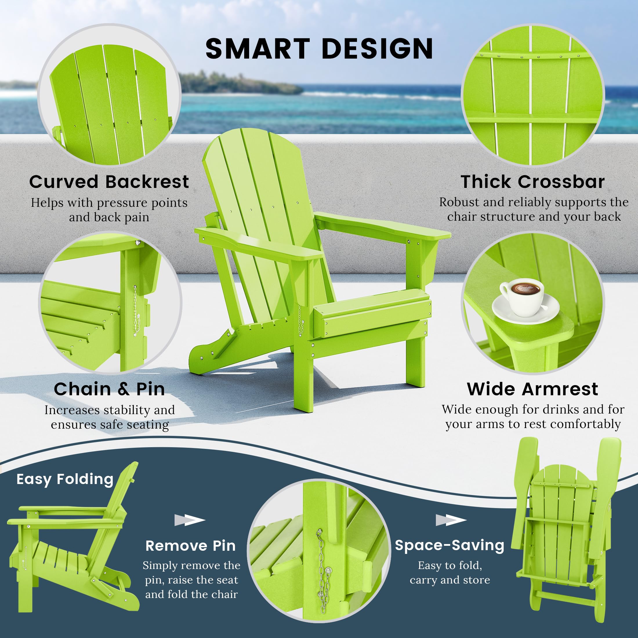2-Pack HDPE Adirondack Chairs - Outdoor Folding Lounge Chairs for Patio, Garden, Poolside & Backyard - Weatherproof UV Resistant Furniture Set (Lime Green) - Perfect for Relaxing by the Fire Pit, Beach Lounging & Outdoor Entertaining