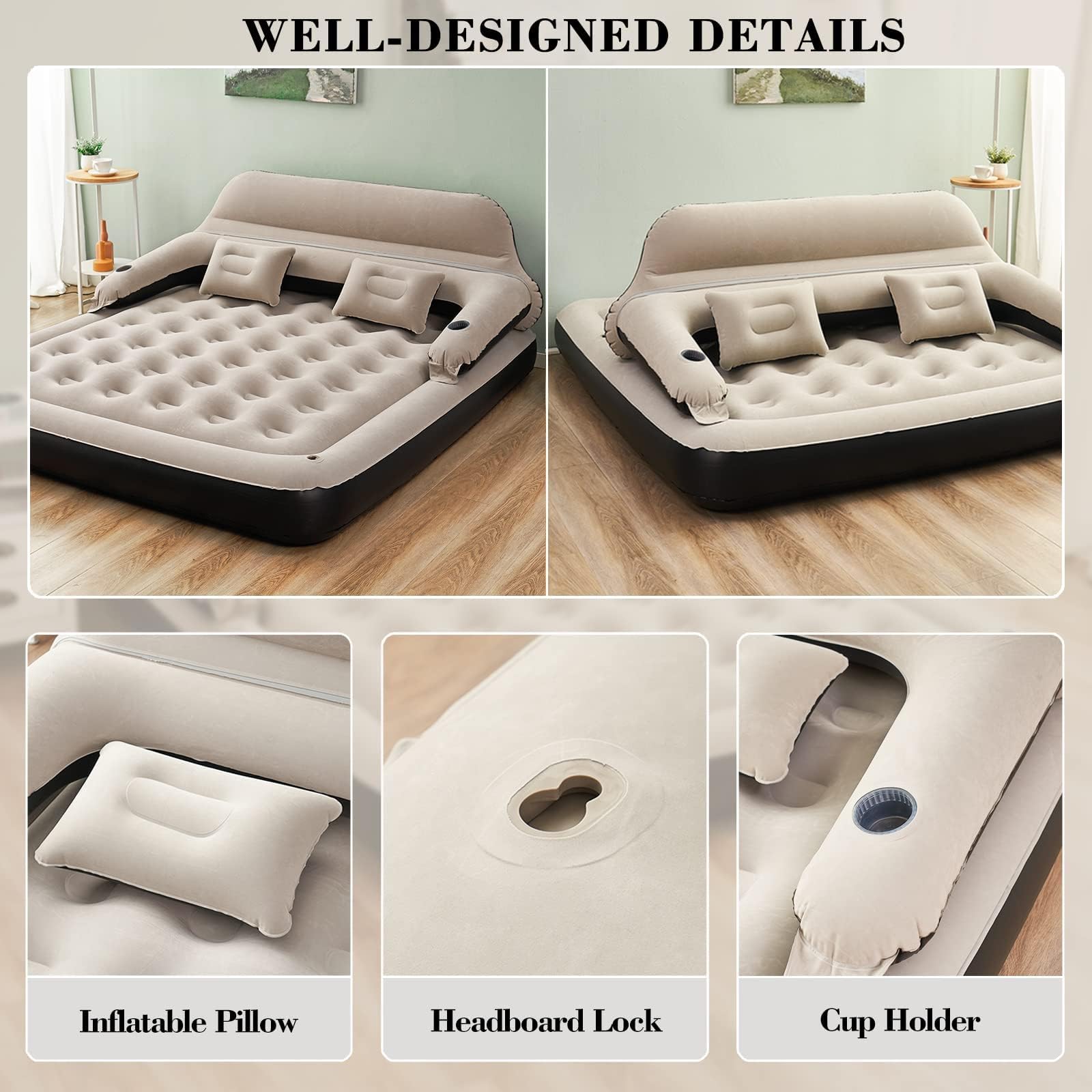 **RAPTAVIS King Size Air Mattress Sofa Bed with Built-in Headboard & Pillow - Inflatable Guest Bed for Home, Camping, Travel - Comfortable Portable Blow Up Mattress for Indoor & Outdoor Use**