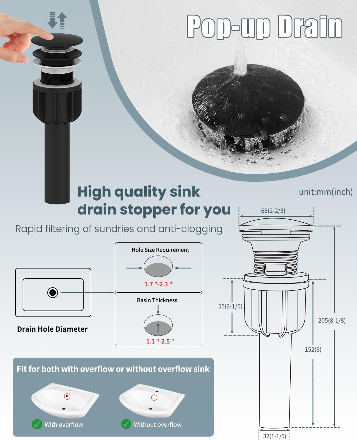 Black Single Handle Bathroom Faucet Set with Pop-Up Drain - Farmhouse & RV Sink Faucet for Vanity (1/3 Hole) - Perfect for Home & Camping