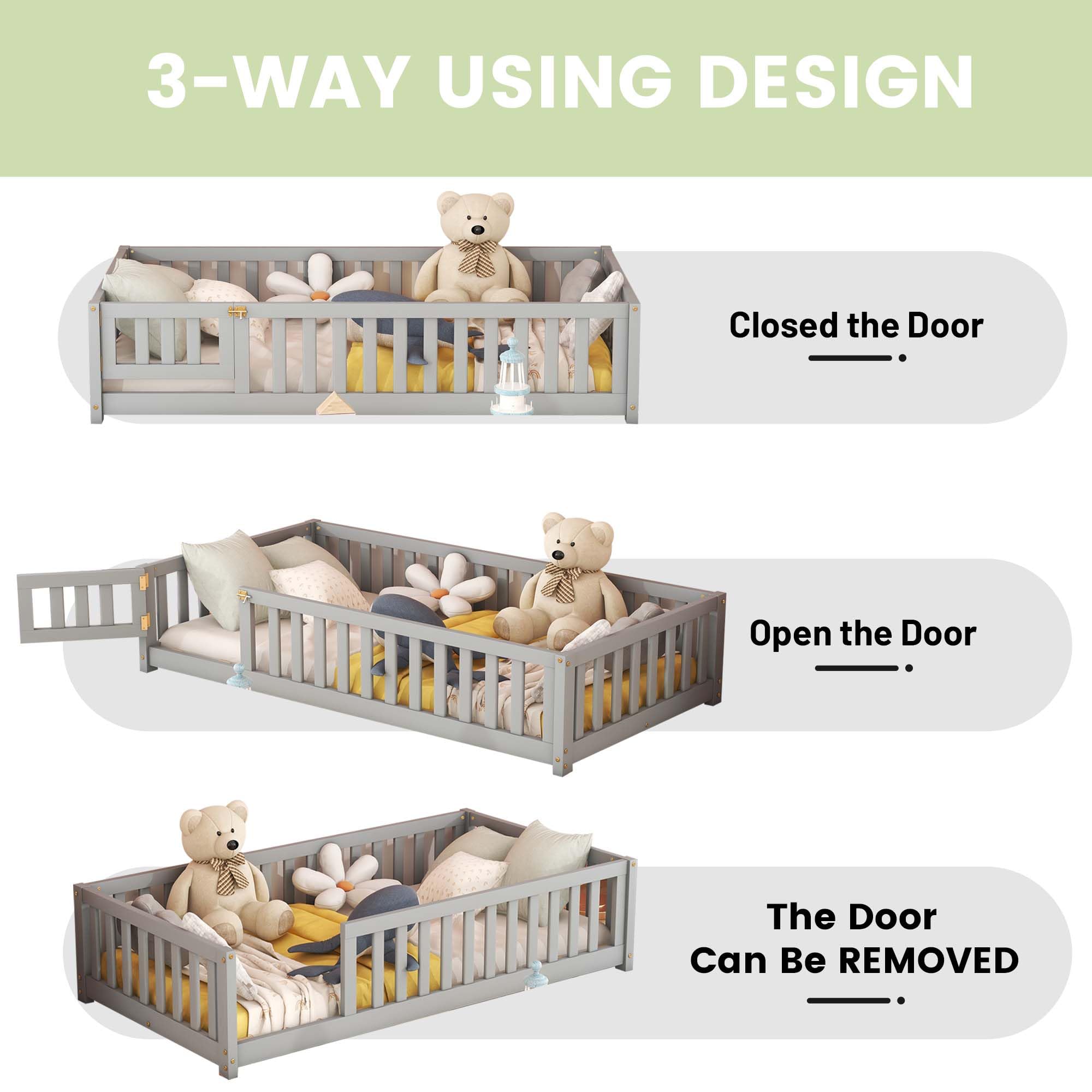 SOFTSEA Twin Size Floor Bed Frame with Safety Guardrails & Door for Kids - Solid Wood Toddler Bed with Fence - No Box Spring Needed - Easy Assembly - Gray - Perfect for Playrooms, Daycare Centers & Montessori Bedrooms