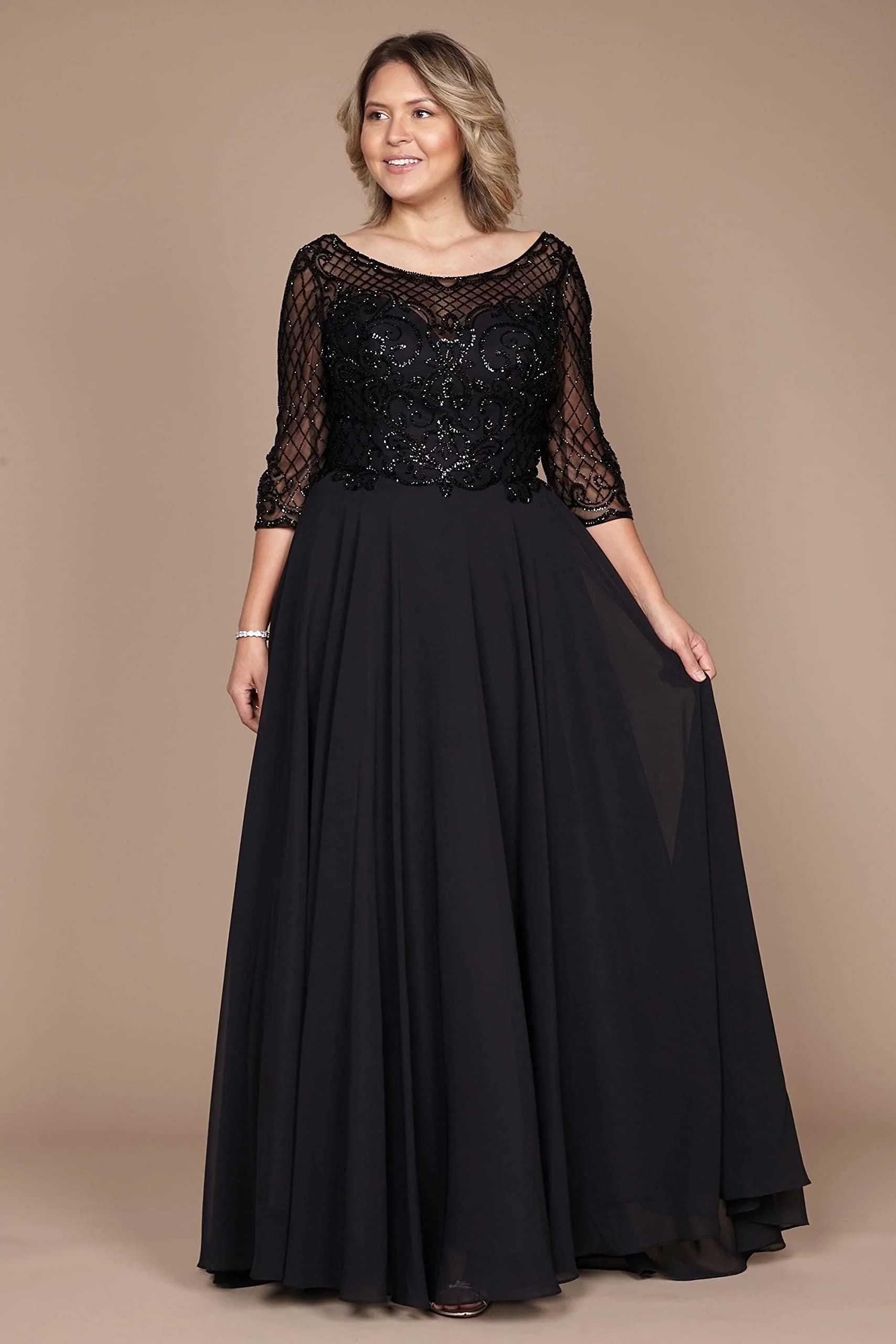 Elegant Plus Size Mother of The Bride Dress - Long Sleeve Beaded Formal Evening Gown for Weddings, Parties & Special Occasions
