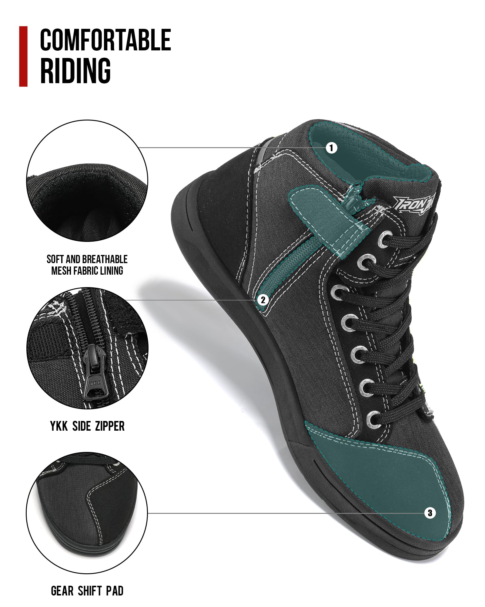 Iron Jia's Breathable Anti-Slip Motorcycle Shoes for Men - Street Bike Casual Riding Footwear with Protective Gear - Perfect for Powersports, Commuting & Urban Riding - Black Size 8