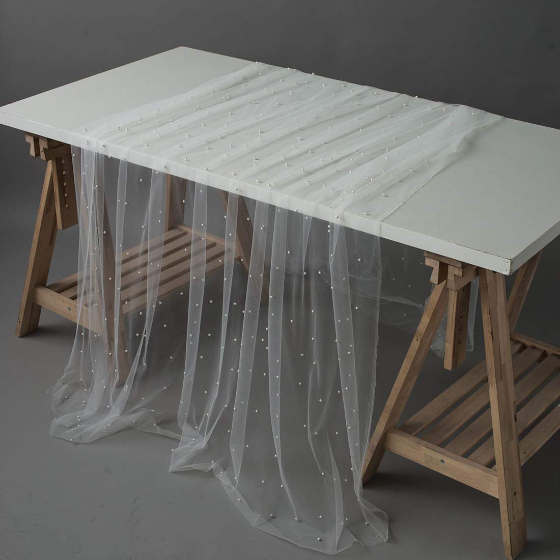 Vctops White Voile Tablecloth with Artificial Pearls - 39x59 Inch Elegant Table Cover & Runner for Romantic Bridal Showers, Weddings, and Photography Props