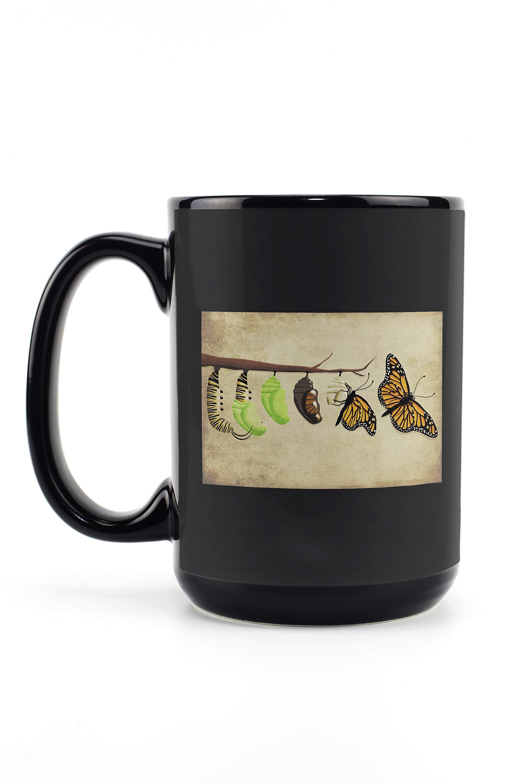 Monarch Butterfly Lifecycle 15oz Black Ceramic Coffee Mug - Microwave & Dishwasher Safe Tea Cup - Perfect for Home, Office or Gift