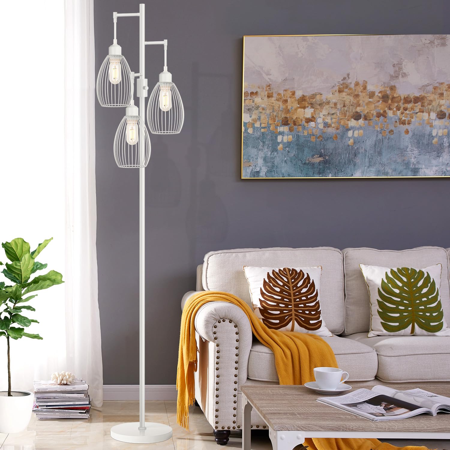 Dimmable Industrial Farmhouse Floor Lamp with 3 x 800LM LED Edison Bulbs - Elegant Teardrop Cage Design Standing Lamp for Living Room, Bedroom, Office & Dining Room - Perfect for Reading, Relaxing & Ambient Lighting - White