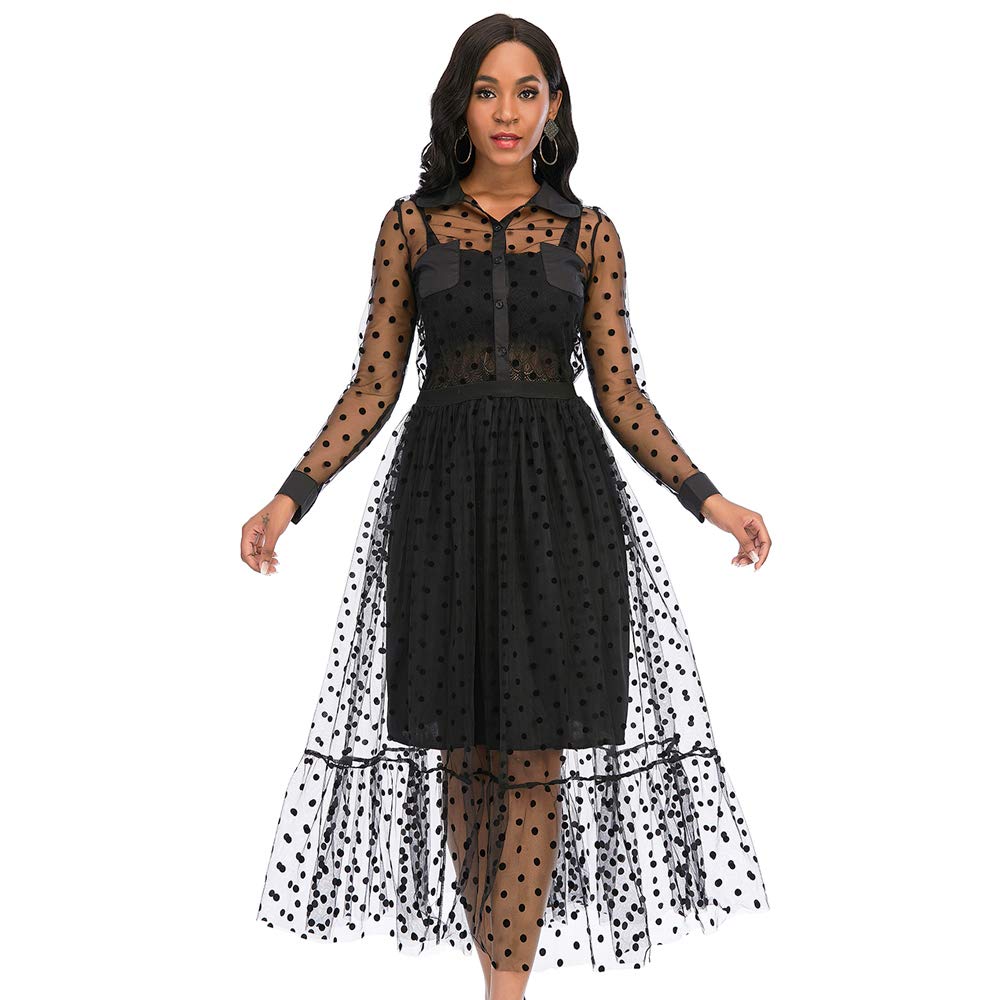 AOMEI Women's 2 Piece Outfit - Black Polka Dot See Through Blouse with Tulle Skirt Set | Summer Party Dress, Date Night Outfit, Casual Chic Fashion
