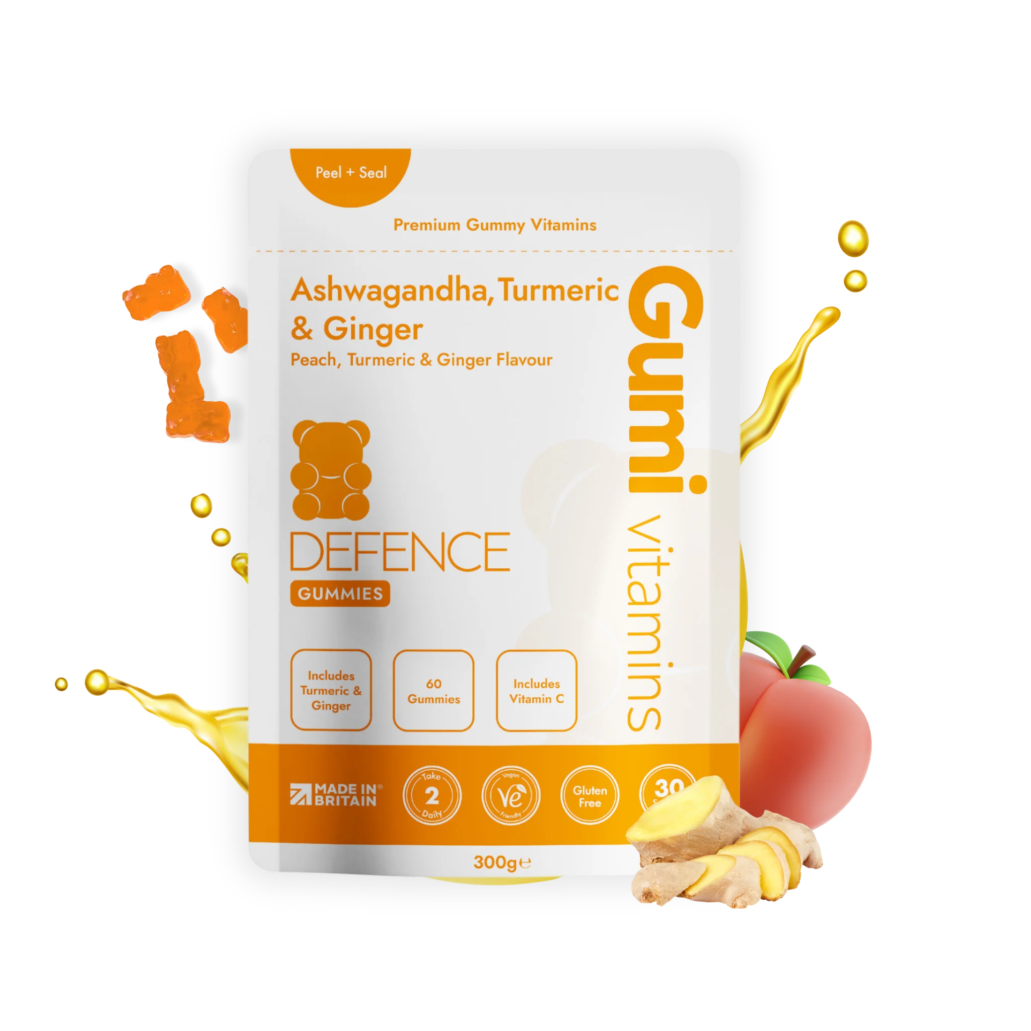 Gumi Vitamins Defence - Ashwagandha, Turmeric & Ginger Supplement for Immune Support | Boost Energy & Reduce Stress | Perfect for Daily Wellness & Active Lifestyles