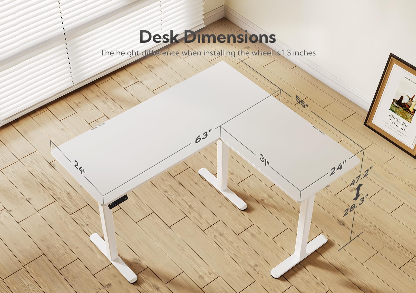 Claiks L-Shaped Adjustable Height Electric Standing Desk - Dual Motor Corner Sit Stand Desk, 63x55 Inches with Splice Board, White - Perfect for Home Office, Gaming & Workspace Ergonomics