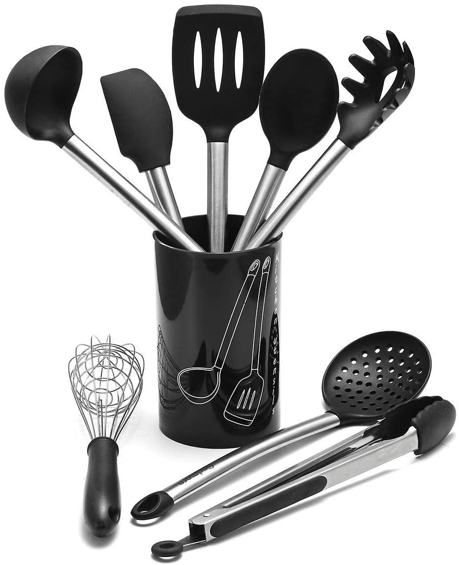 8-Piece Silicone Cooking Utensil Set with Holder - Heat Resistant Kitchen Tools with Stainless Steel Handles for Nonstick Cookware - Perfect for Baking, Frying & Everyday Cooking