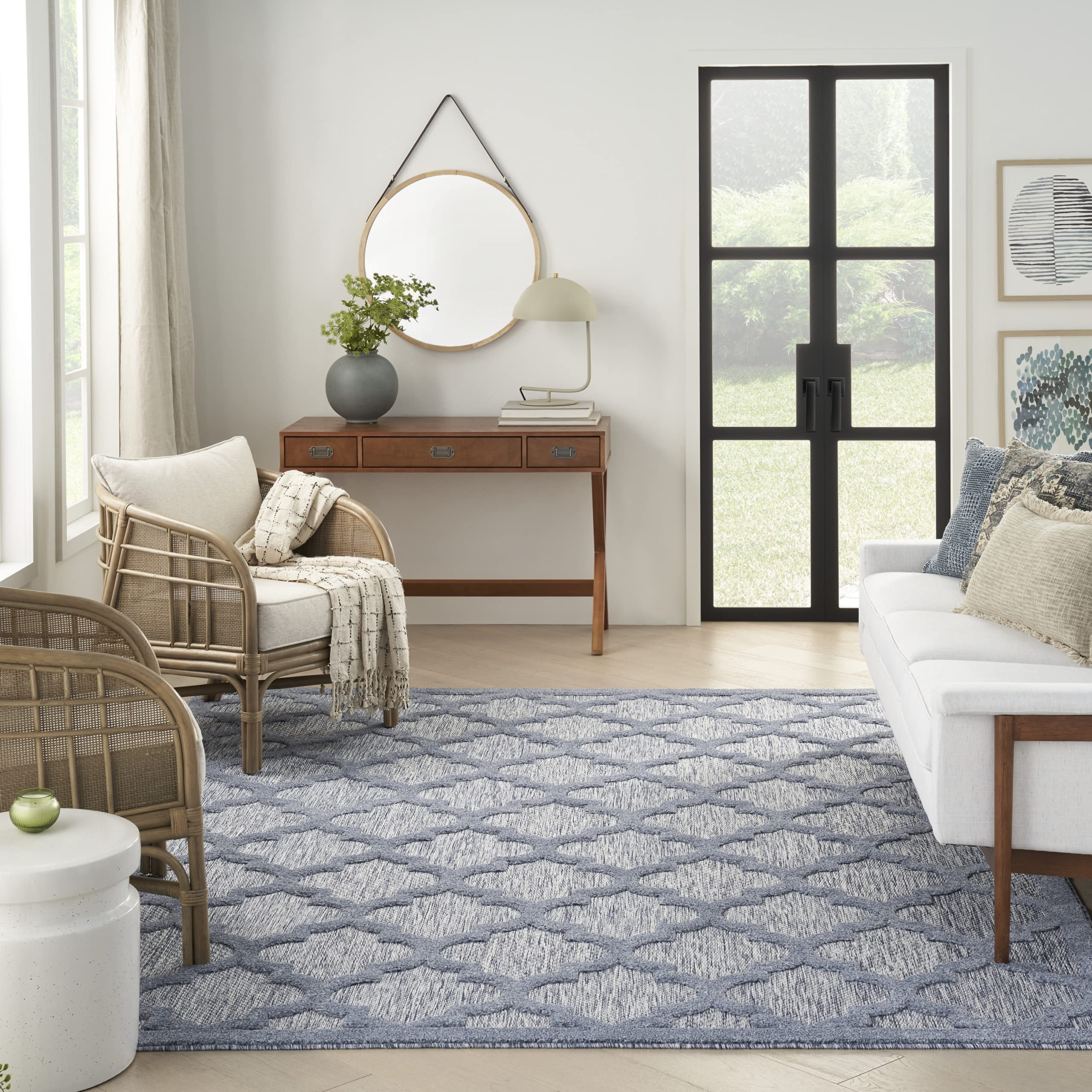 Nourison Easy Care Moroccan Denim Blue 7' x 10' Area Rug - Trellis Pattern, Stain Resistant & Non-Shedding for Easy Cleaning | Perfect for Bedroom, Living Room, Dining Room, Backyard, Deck & Patio Decor (7x10)