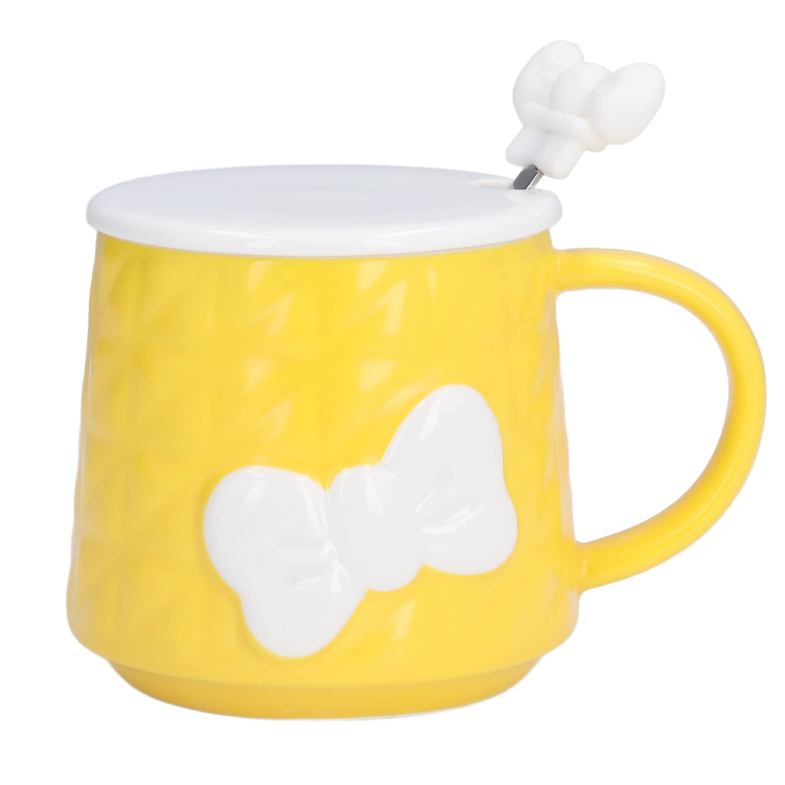 400ml Ceramic Coffee Mug with Lid & Spoon - Cute Bowknot Design for Tea, Coffee, Hot Drinks - Perfect for Home, Office, Gifts (Yellow) | Great for Holiday, Anniversary & Birthday Presents
